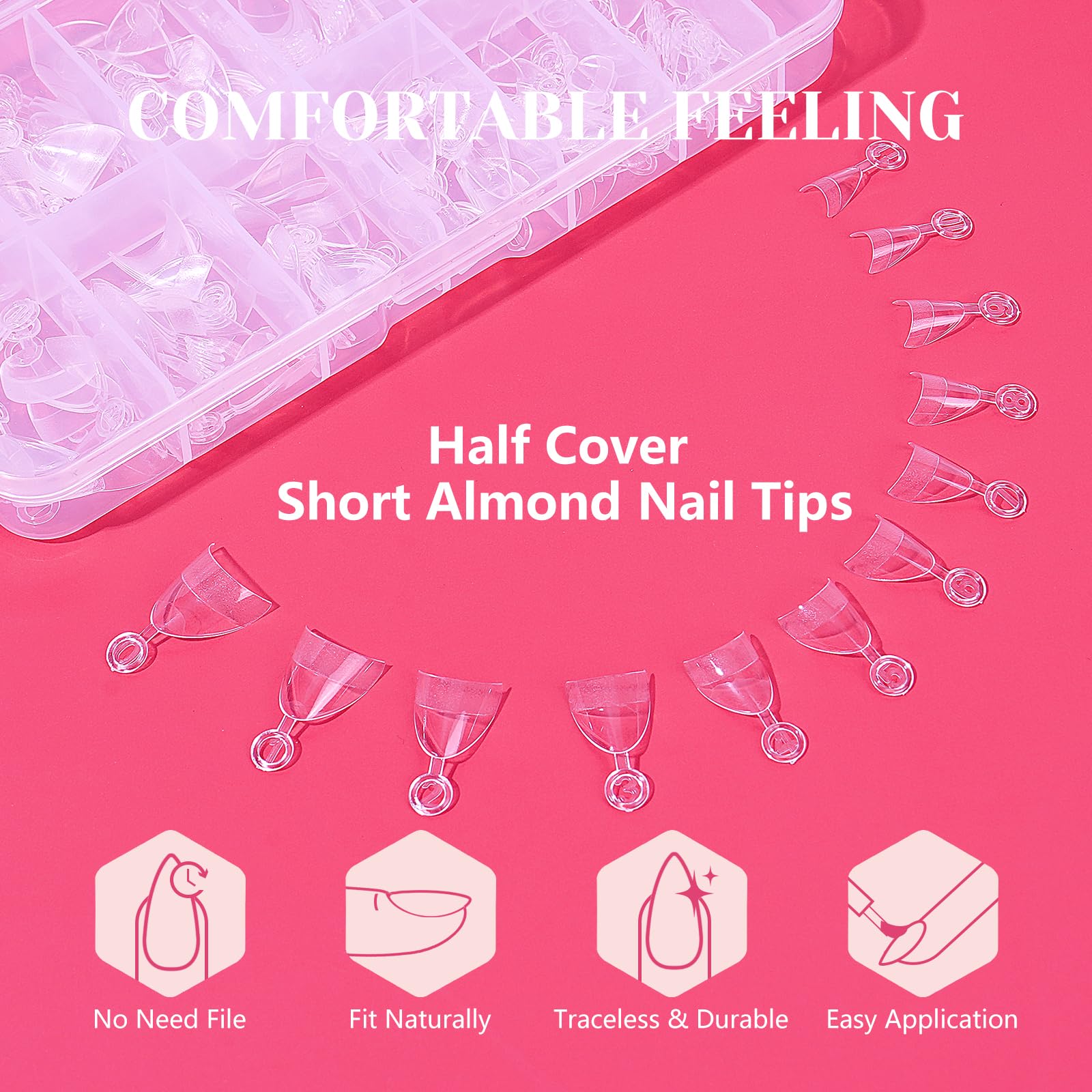 Lionvison Short Almond Nail Tips Half Cover, 600Pcs Extra Short Almond Soft Gel Nail Tips, Pre-Shaped Clear False Nails With Han
