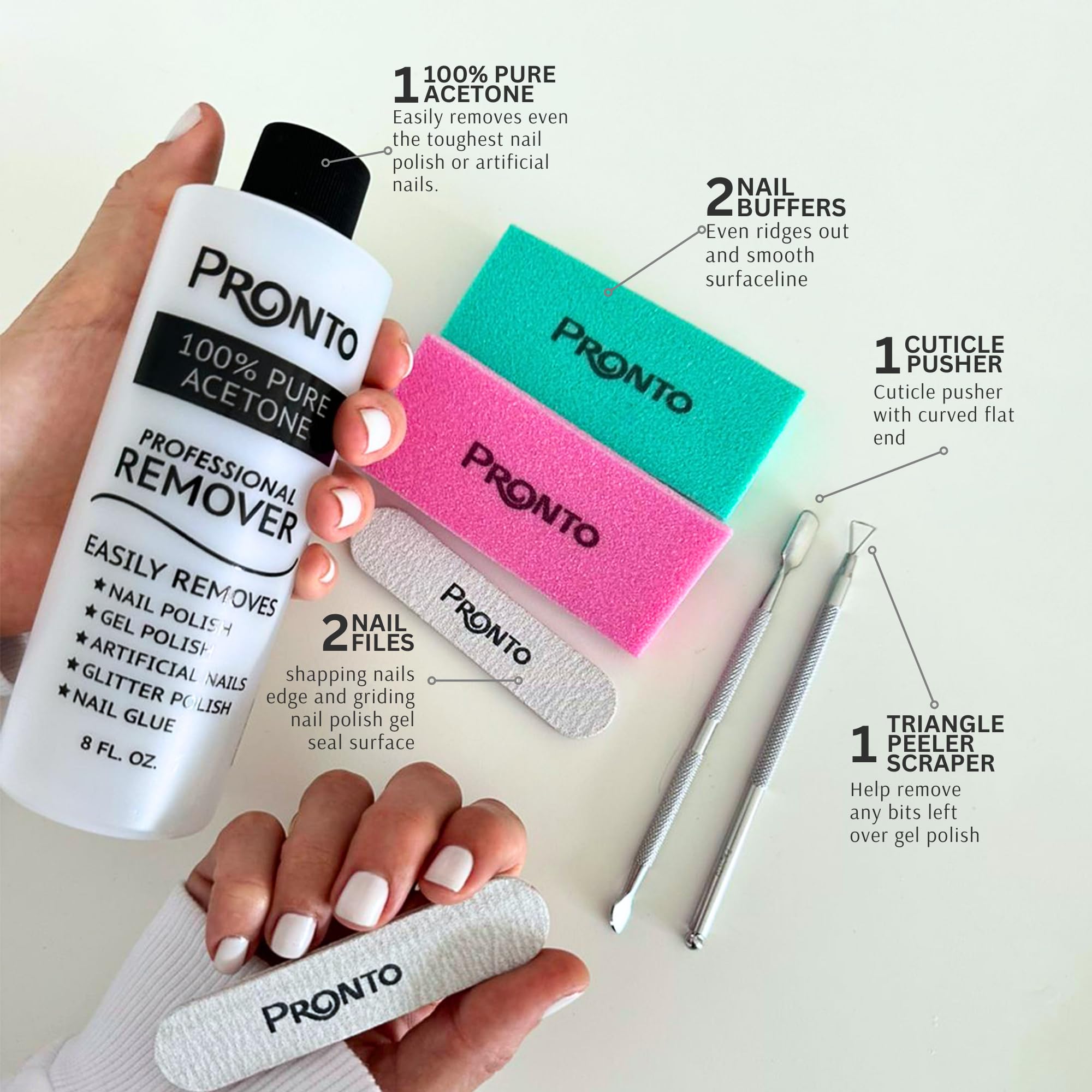 Pronto Pure Acetone 16 Oz Nail Polish Remover Gel Nail Kit, Acrylic Nail Kit Including Cuticle Pusher, Nail File, Nail Buffer, A