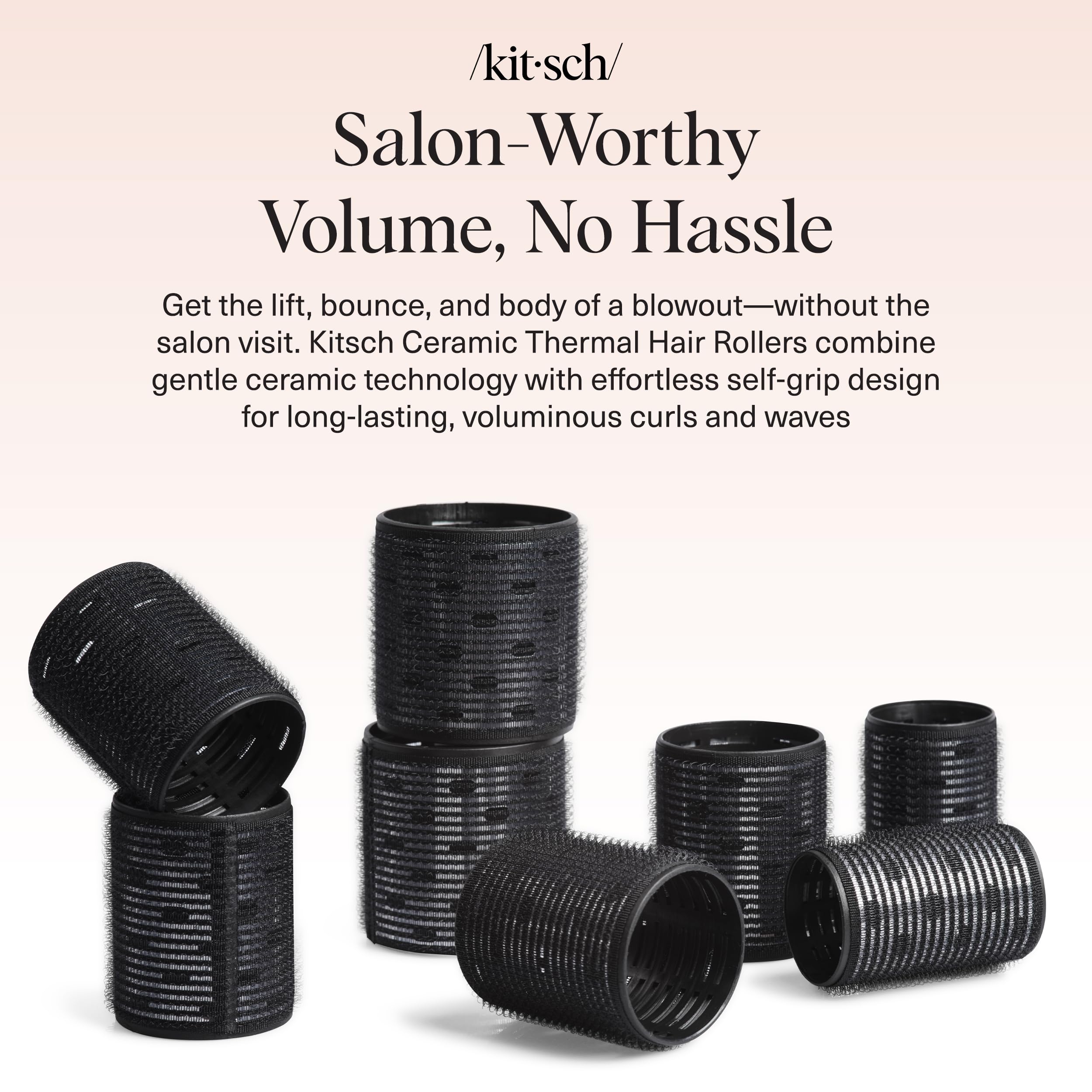 Kitsch Ceramic Thermal Hair Rollers - 8pcs Velcro Self-Grip Curlers for Short, Medium & Long Hair - Black