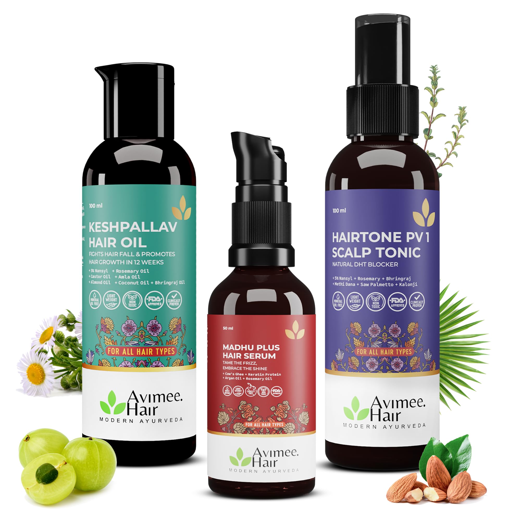Avimee Herbal Keshpallav Hair Oil (100 Ml) & Hairtone Pv 1 Scalp Tonic (100 Ml) & Madhu Plus Hair Serum (50 Ml) Combo Pack Golde