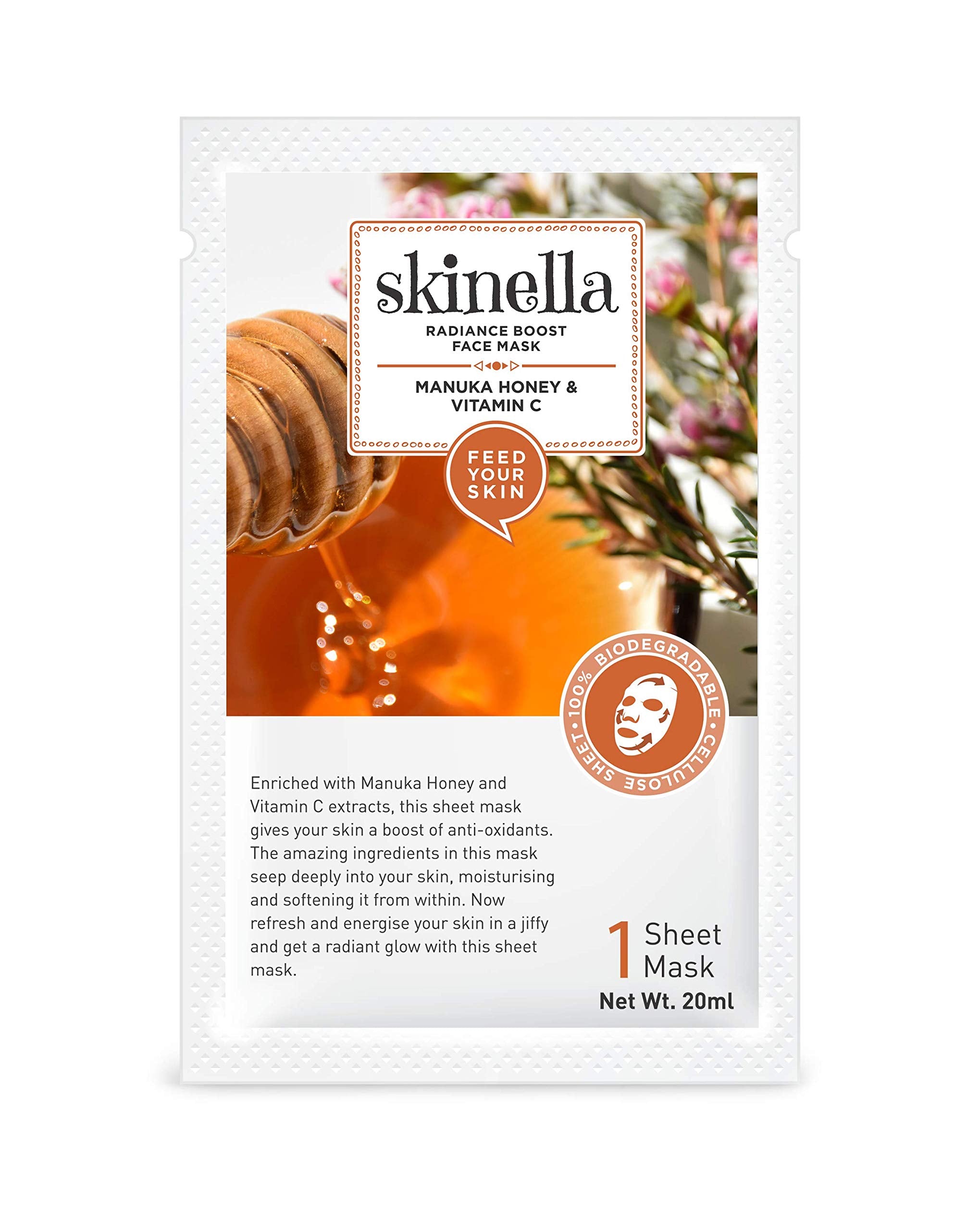Skinella Radiance Boost Face Sheet Mask  Manuka Honey & Vitamin C 20Ml