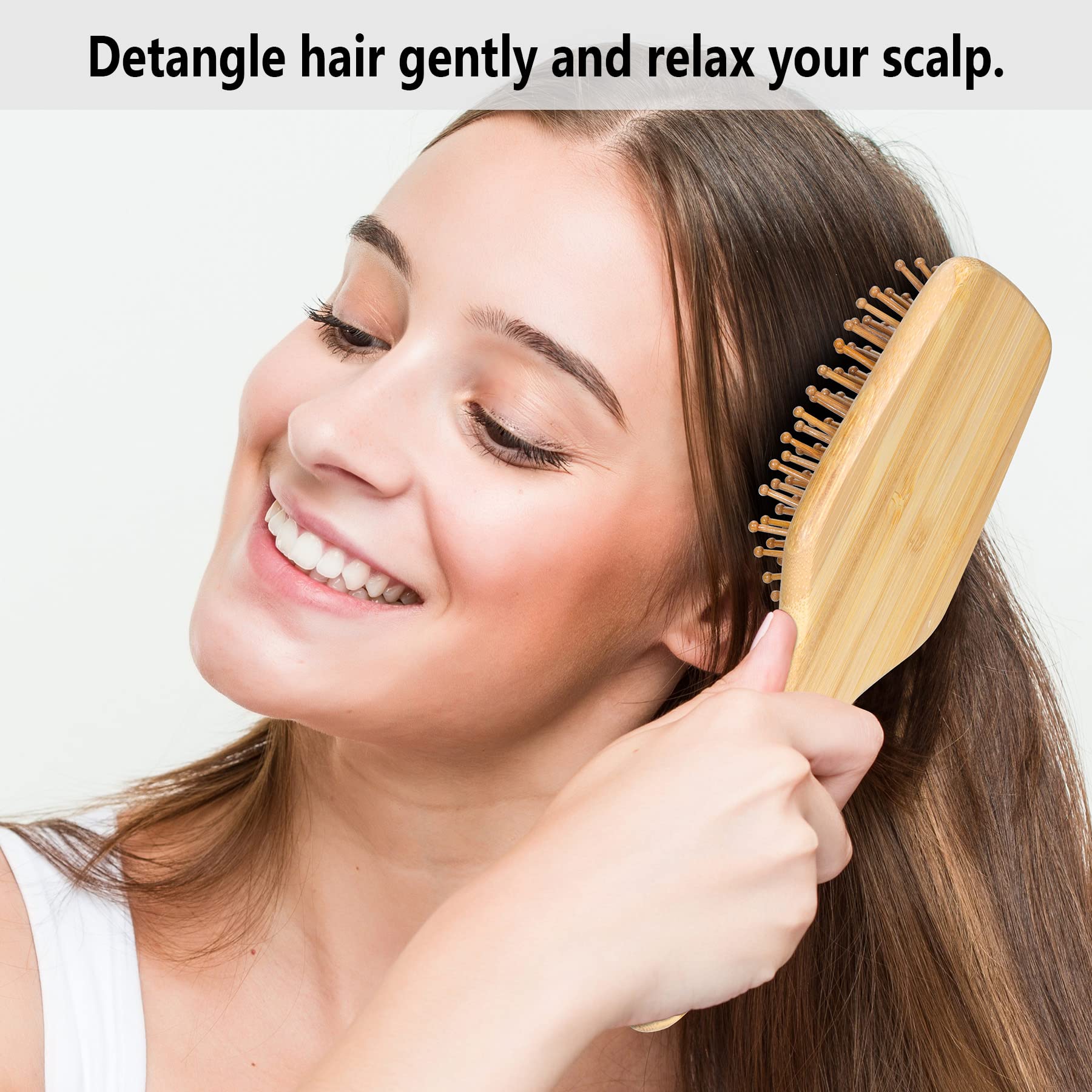 Bamboo Hair Brush With Paddle - Rounded Wood Bristles For Detangling And Gently Massaging Scalp By Bfwood, Reduces Frizz And Sta