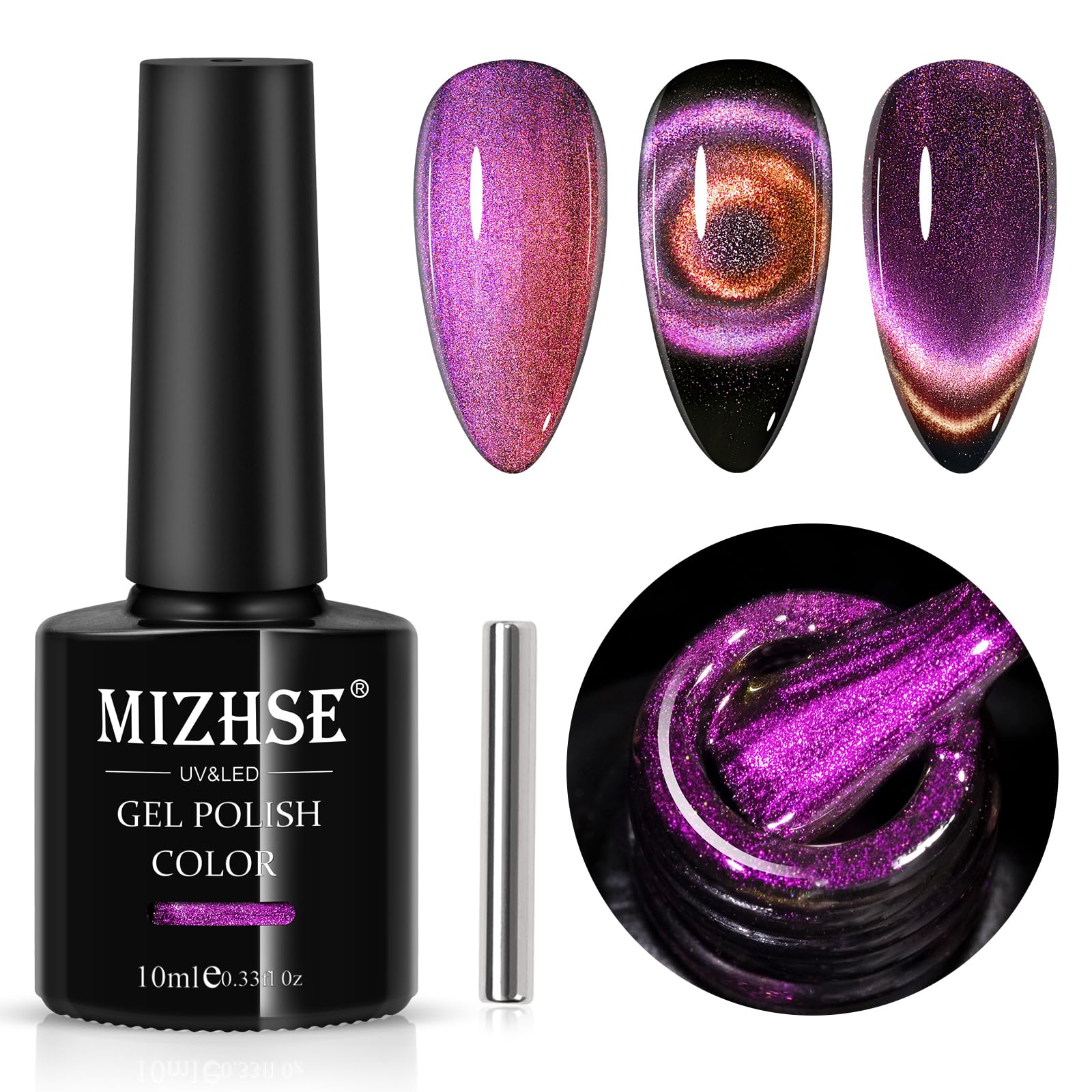 Mizhse 9D Cat Eye Gel Nail Polish, Rose Red Magnetic Gel Polish With Magnet Stick, Magic Shimmer Galaxy Effect Holographic Glitt