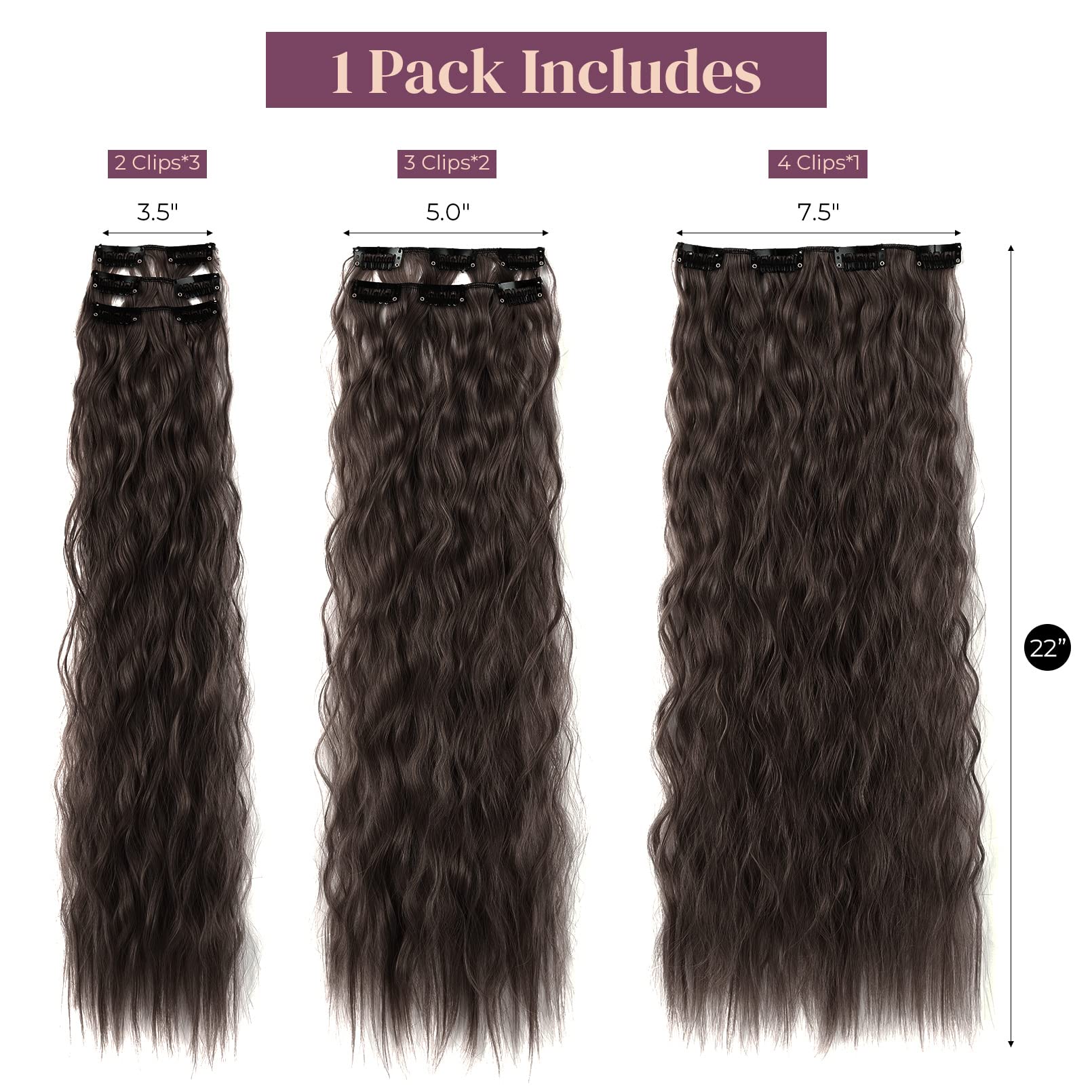 Lonai 6Pcs Clip In Hair Extensions 24'' Black Brown Hair Extension Long Mermaid Waves Synthetic Clip On Hairpiece For Women