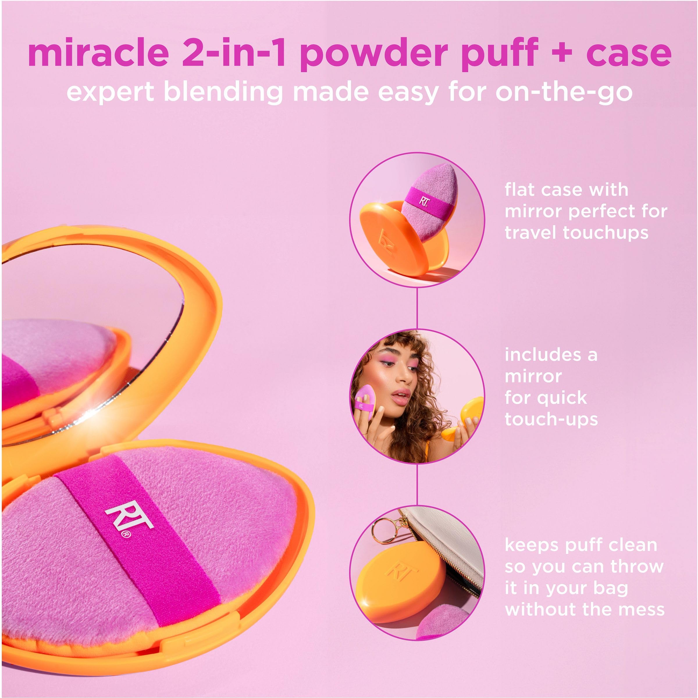 Real Techniques Miracle 2-In-1 Powder Puff + Travel Case, Dual-Sided Makeup Blending Puff, Elastic Band, Precision Makeup Sponge