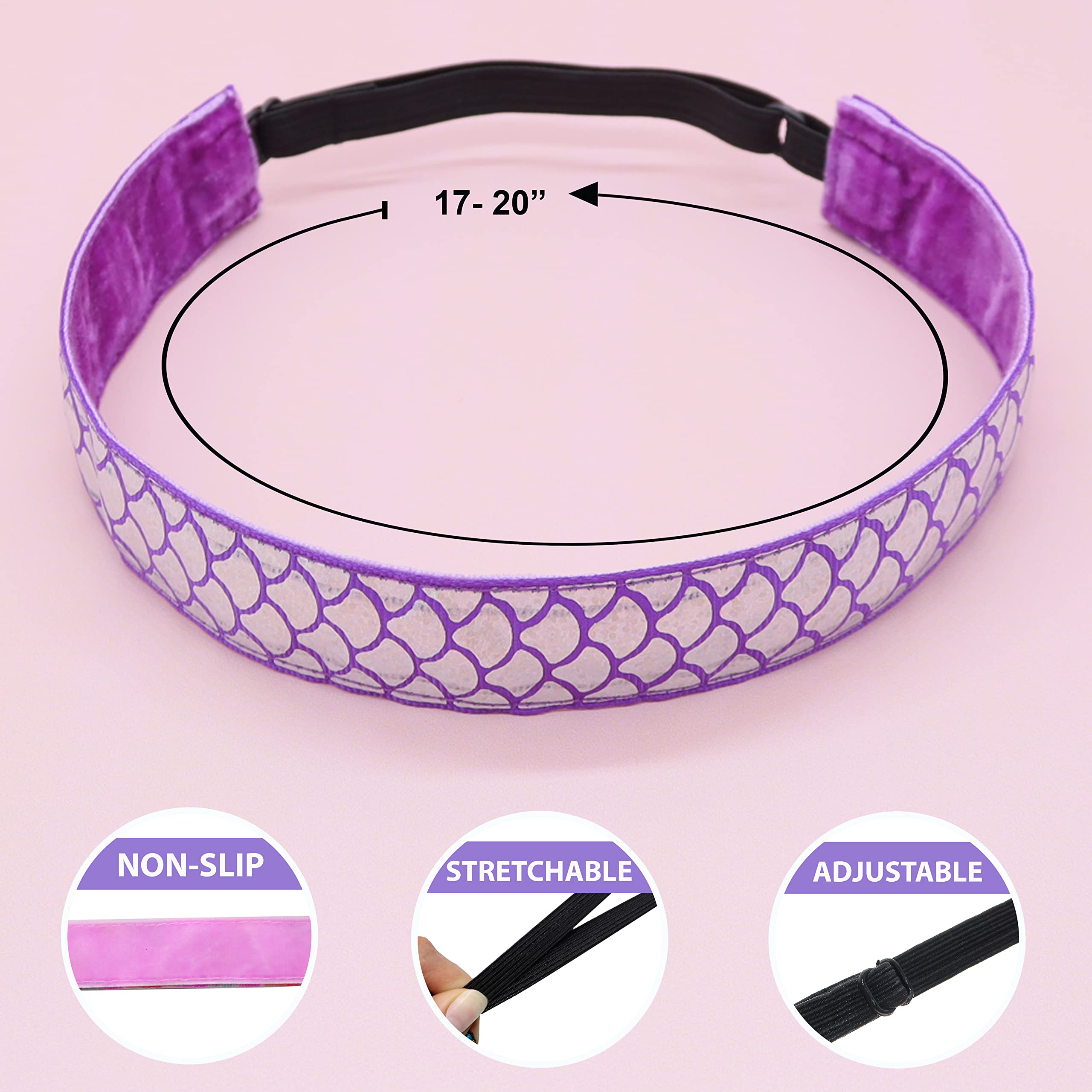 Frog Sac 6 Mermaid Elastic Headbands For Girls, Adjustable Non Slip Headband Hair Accessories For Kids, Stretch No Slip Head Ban