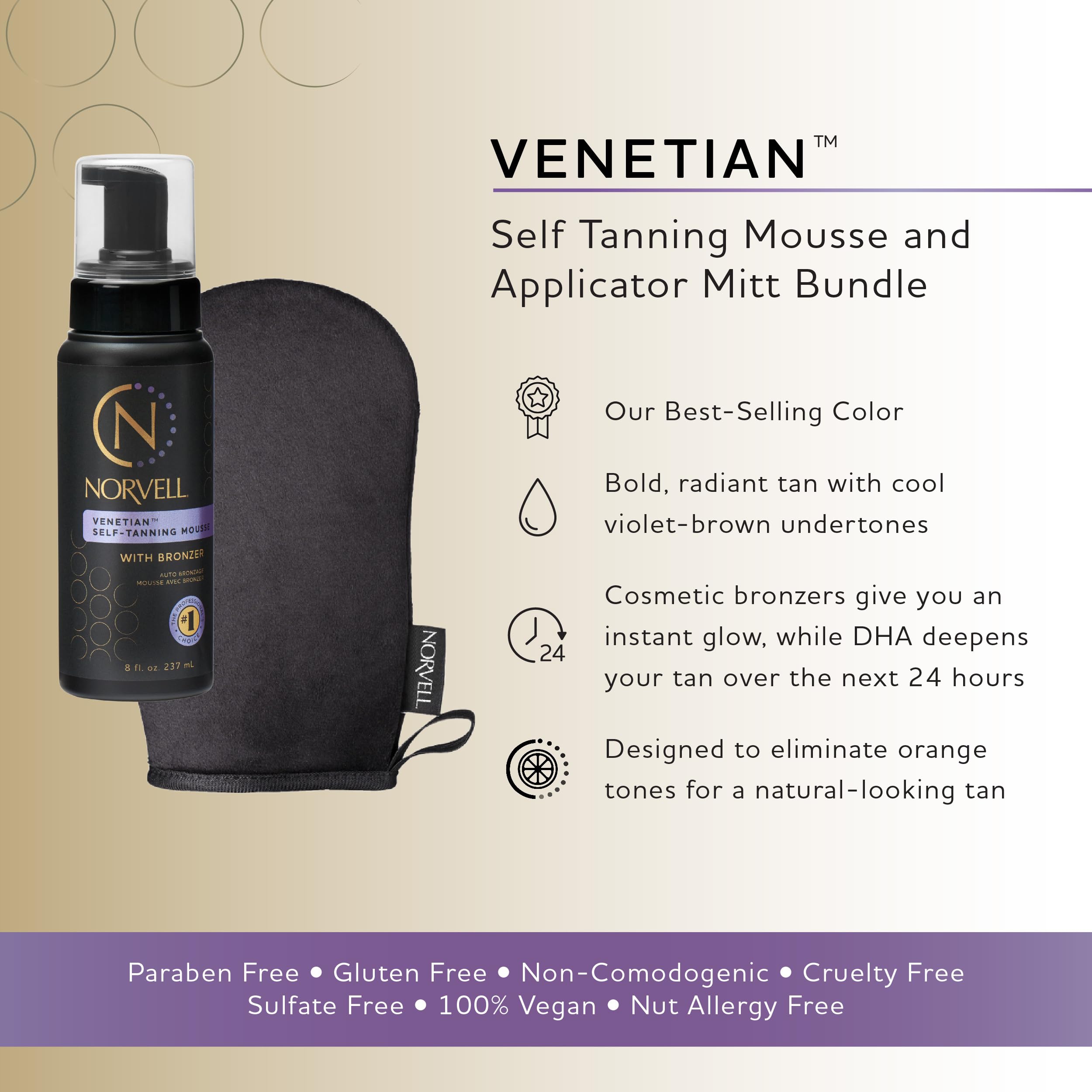 Norvell Sunless Self Tanning Bundle - Venetian Self Tanner Mousse With Bronzer, 8 Fl Oz + Streak-Free Tan Applicator Mitt - Prem