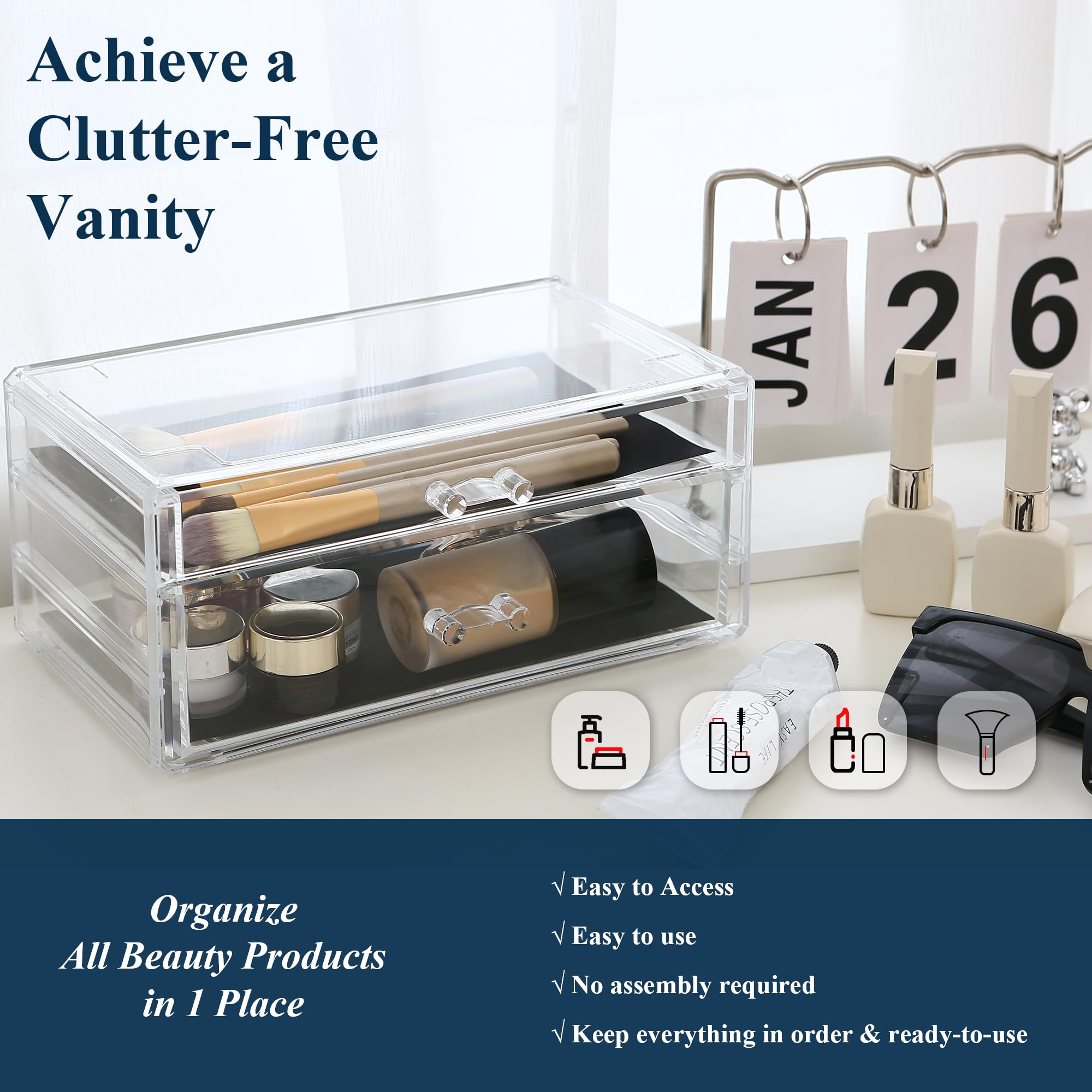 Sea Team Clear Makeup Organizer with Drawers, Acrylic Plastic Cosmetic Display Case, Jewelry Storage Box, Holder for Dresser, Ba