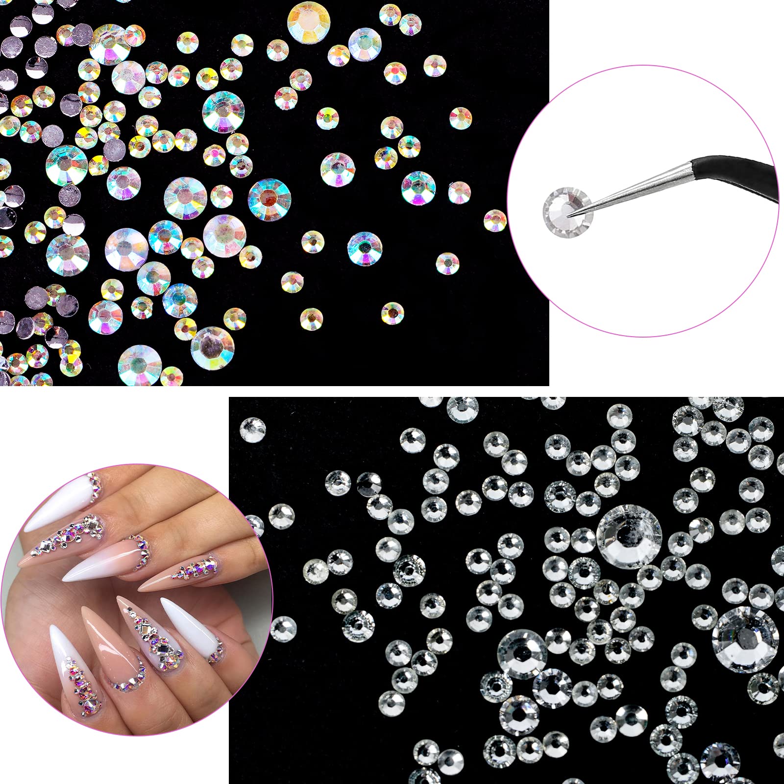 Canvalite 2784Pcs Rhinestones Crystal Ab Rhinestones For Nail With 5Pcs 3Ml B7000 Jewelry Glue And Pick Up Tweezers And Nail Rhi