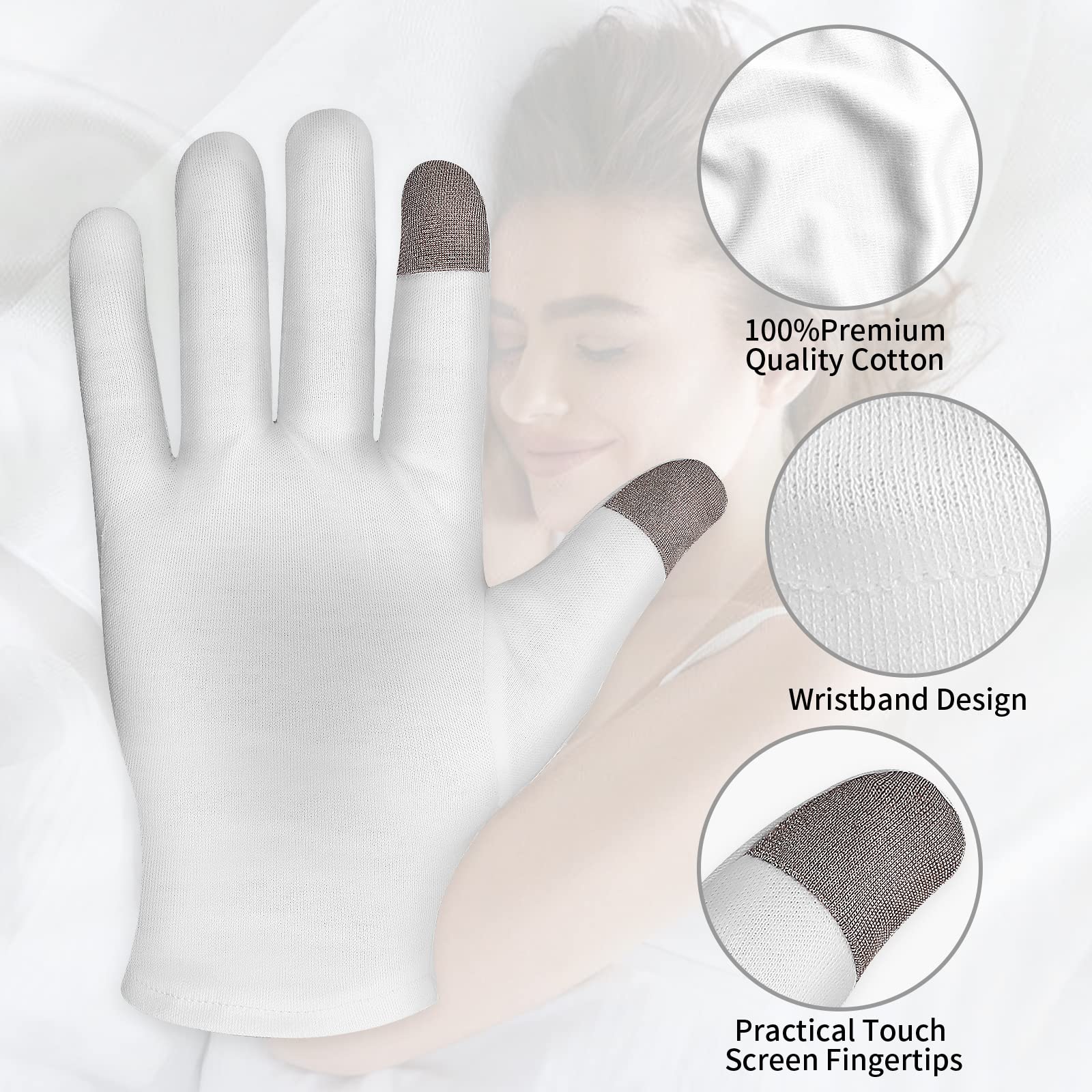 Sibba 2 Pairs Touch Screen Moisturizing Gloves White Cotton Moisturizing Gloves Overnight Bedtime Heal Eczema Sleeping Lotion Ha