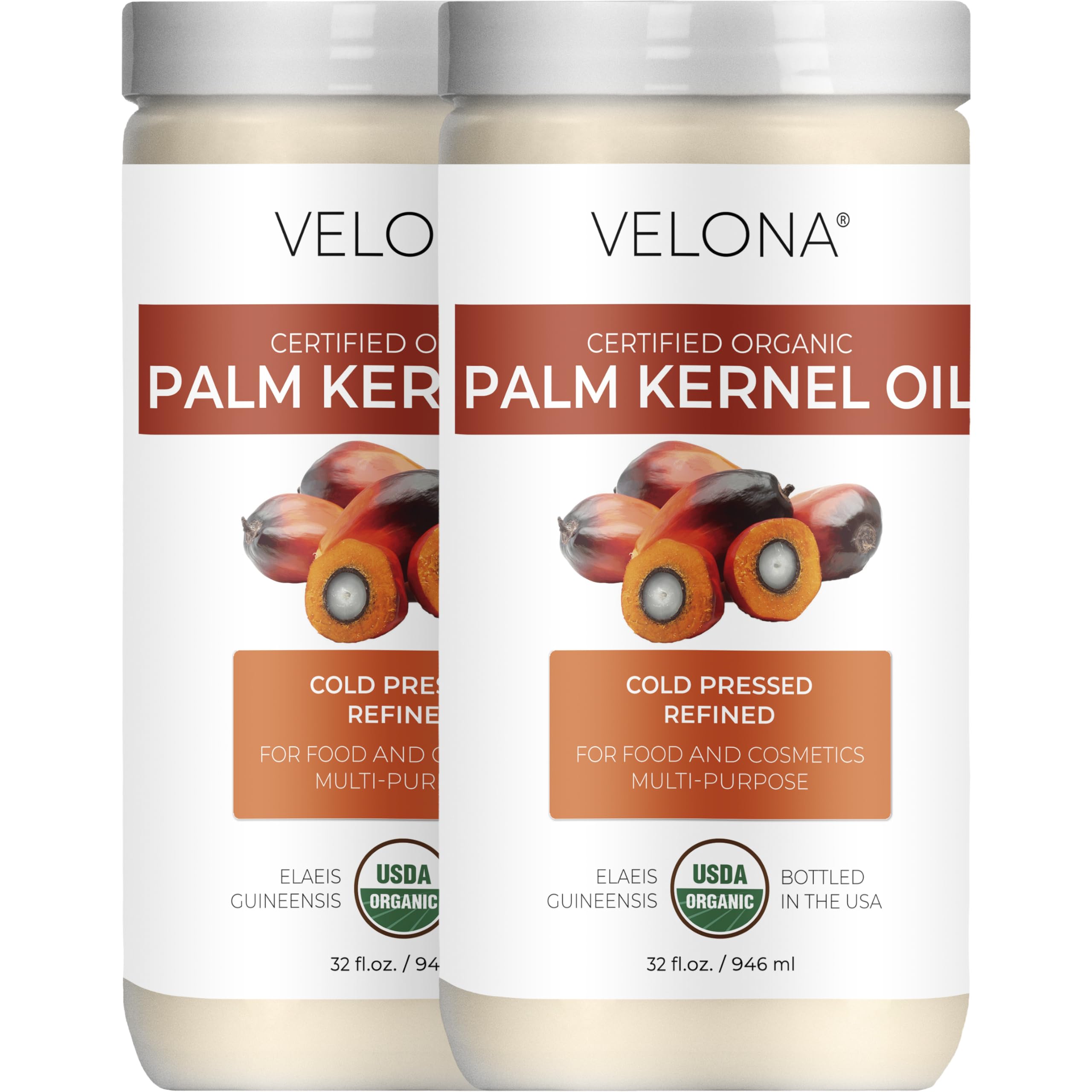 velona USDA Certified Organic Palm Kernel Oil - 64 Fl Oz | 100% Pure and Natural Carrier Oil | Refined, Cold Pressed
