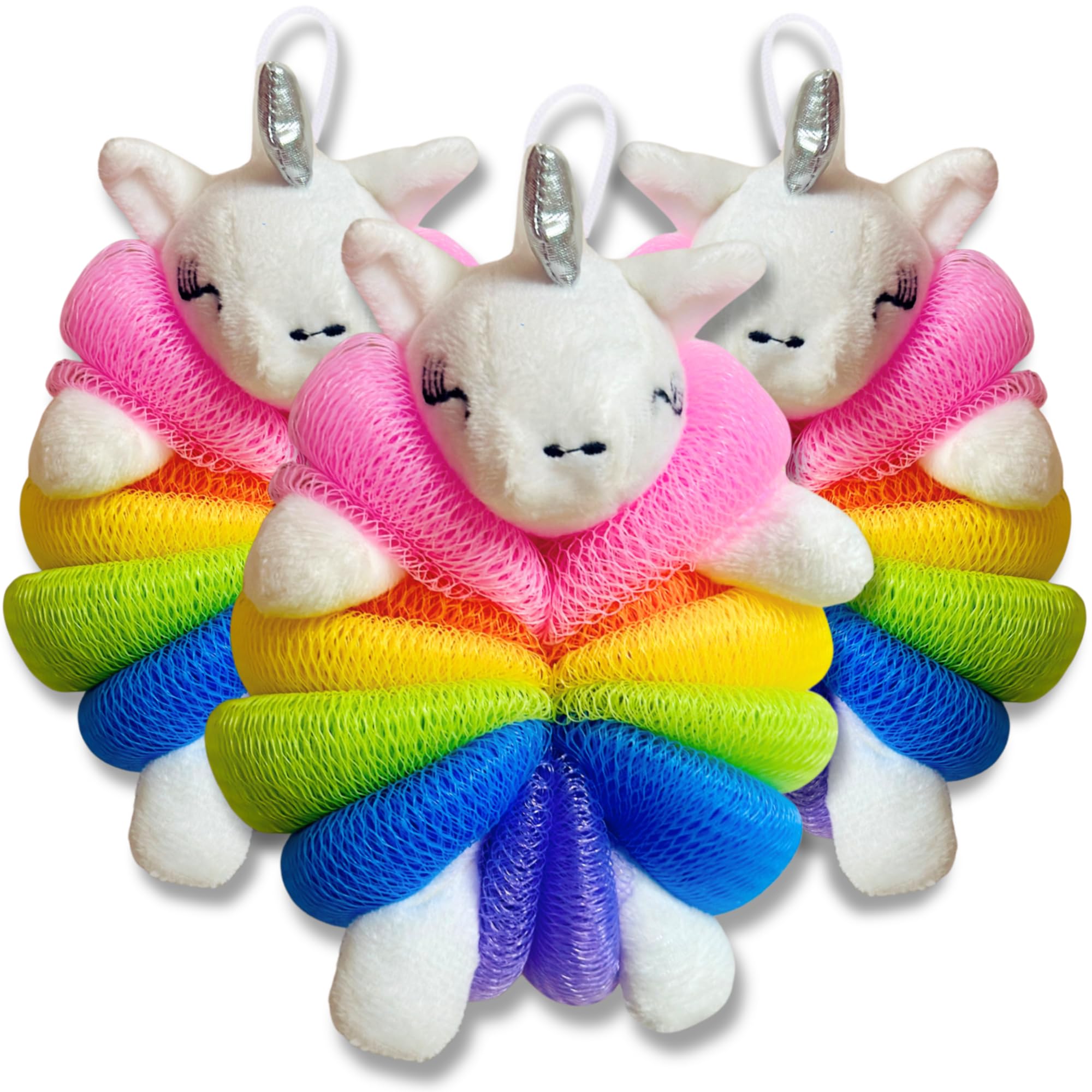 Cute Unicorn Bath Sponge For Kids - Toddler Bath Sponges, Mesh Pouf Body Scrubber, Gentle Shower Sponges, 3 Pack