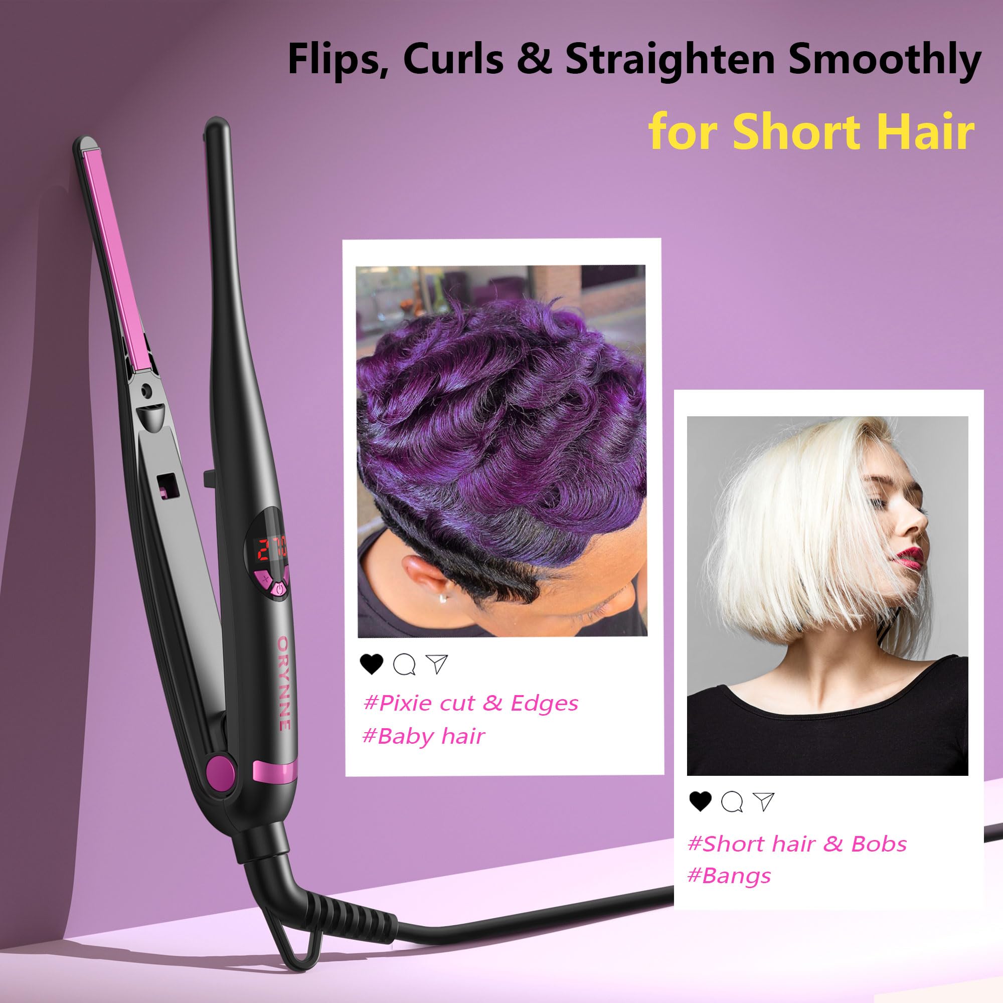 ORYNNE Small Flat Irons for Short Hair, 5s Ultra Fast Heat Up Pencil Flat Iron, Negative Ions Mini Flat Iron for Edges, 3/10'' T