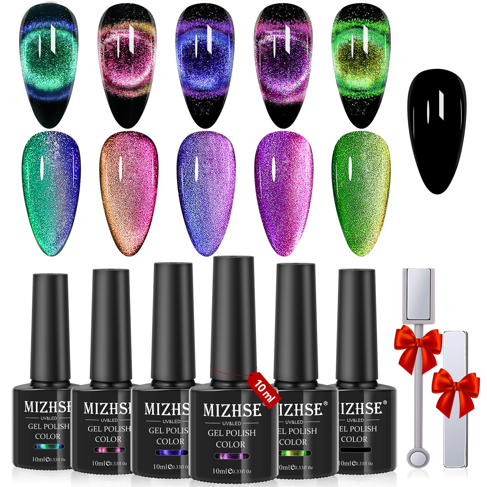 Mizhse 9D Cat Eye Gel Nail Polish, Magnetic Cat Eye Gel Polish Set, 10Ml*6 With 2 Magnets, Classic Colors Chameleon Magic Galaxy