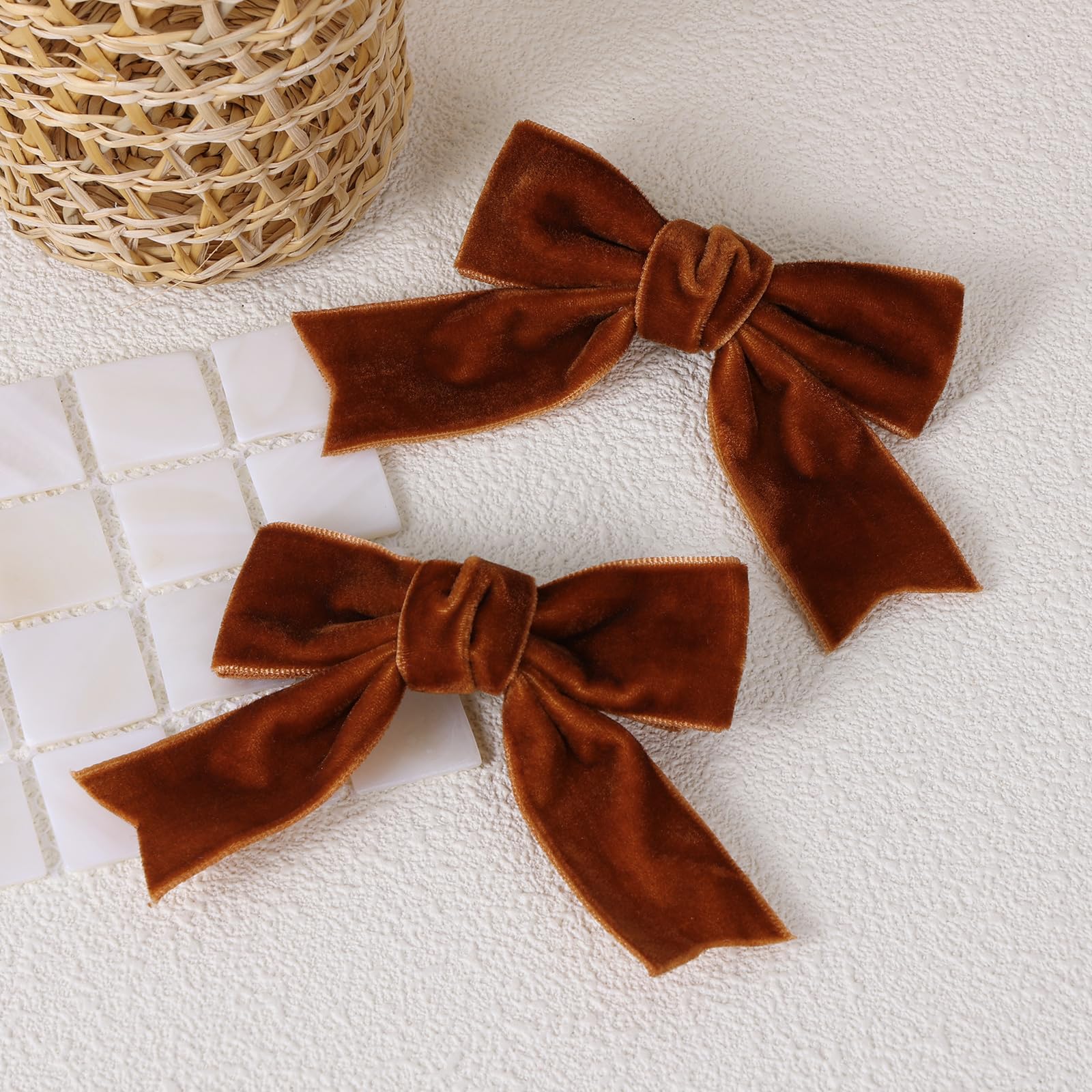 2Pcs Brown Velvet Ribbon Hair Bows Clips For Girls Kids 3In Small Cute Soft Fall Velvet Alligator Barrettes Hairpins Everyday Gi