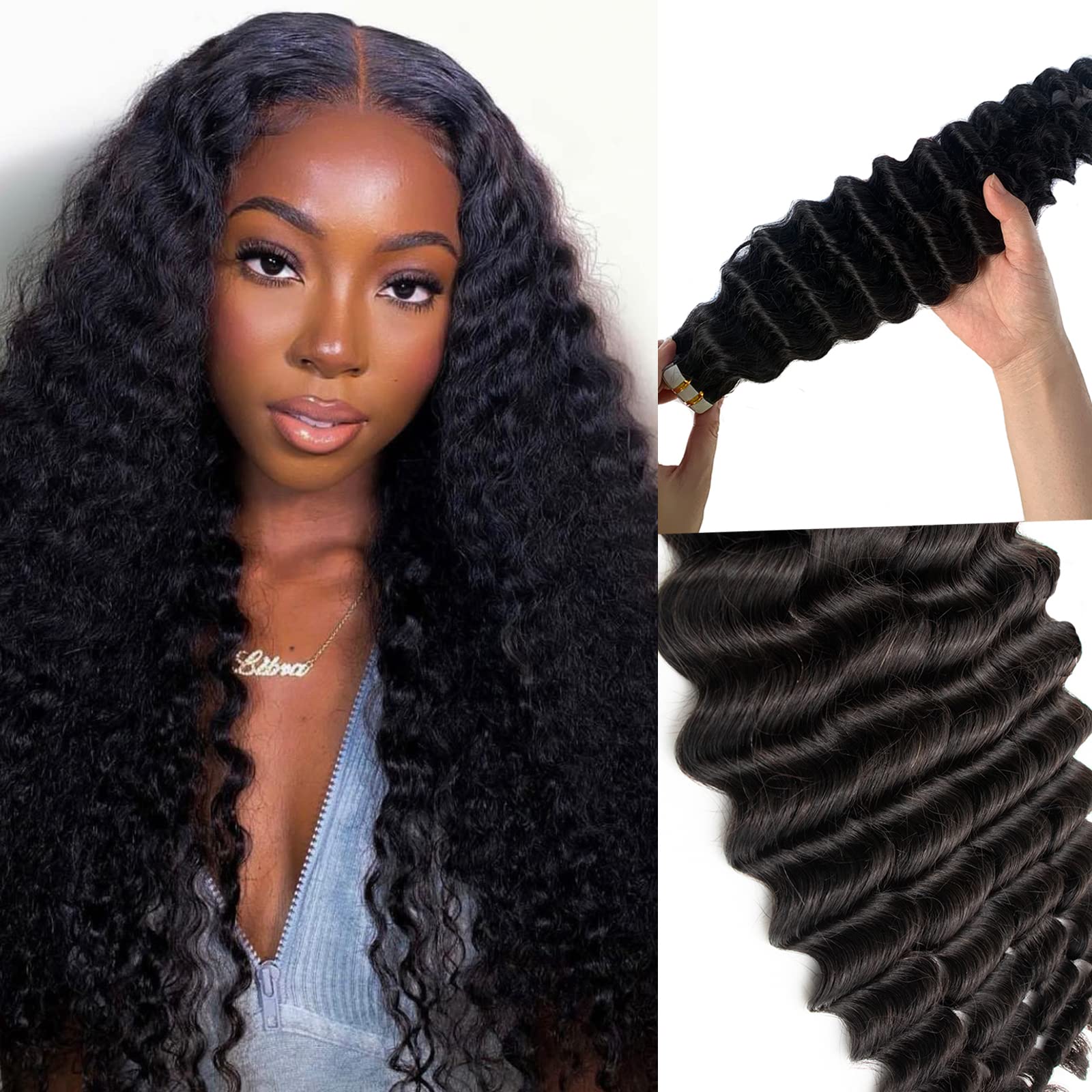 Tape In Hair Extensions Human Hair For Black Women,16Inch Deep Wave Tape In Extensions 9A Brazilian Virgin Hair Curly Wave Tape