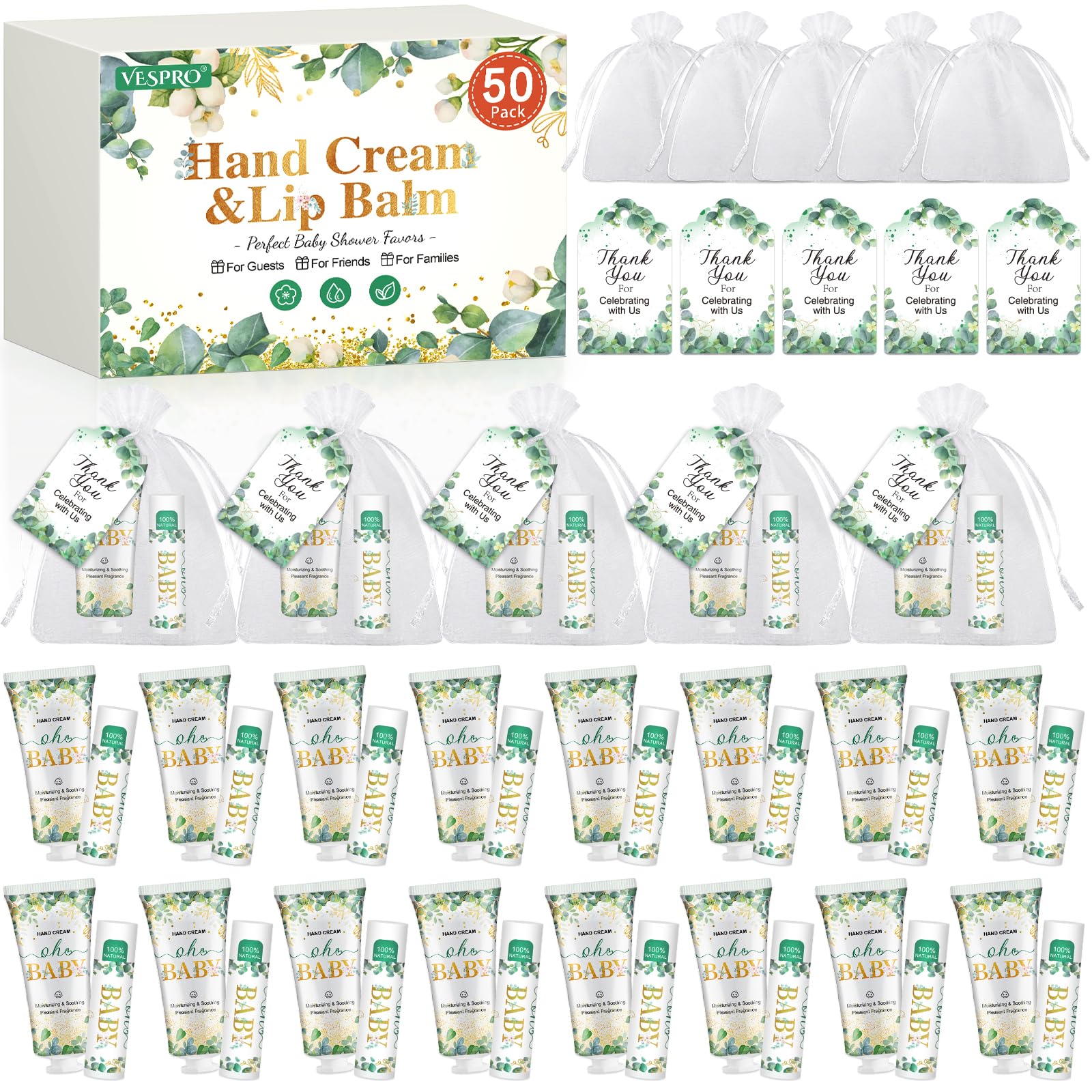 50 Pack Hand Cream Bulk And Lip Balm Bulk Gifts Sets, Baby Shower Favors And Bridal Shower Favors For Guests With Thank You Card