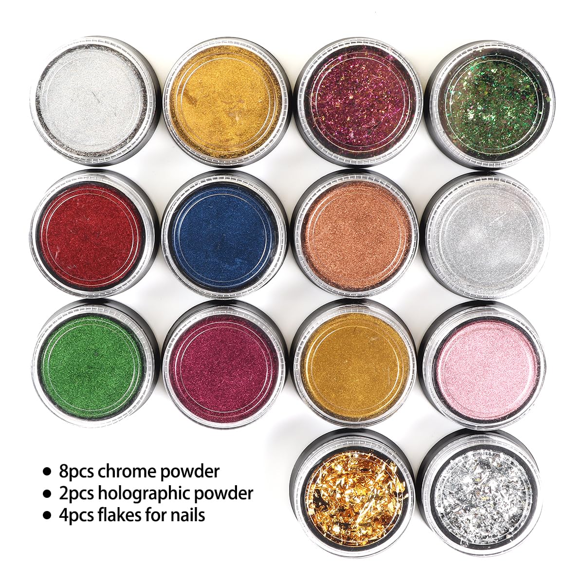Chrome Nail Powder Set 14 Colors Pink Blue Silver Metallic Effect Mirror Powder For Nails With Brushes Holographic Pigment Chame