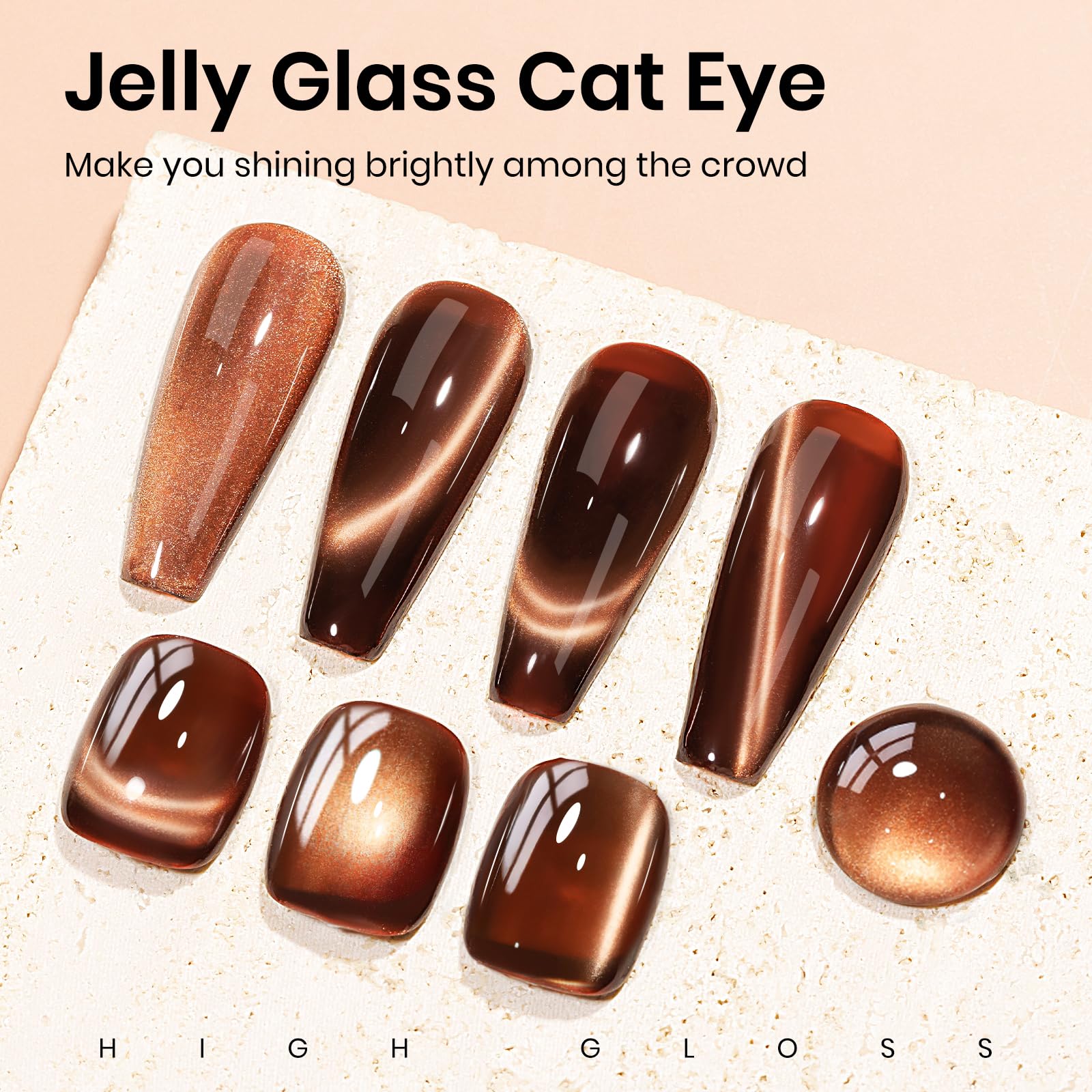 Mizhse Brown Jelly Glass Cat Eye Gel Nail Polish, 12Ml Holographic Glitter Cateye Gel Nail Polish U V Led Sheer Color Magnetic G