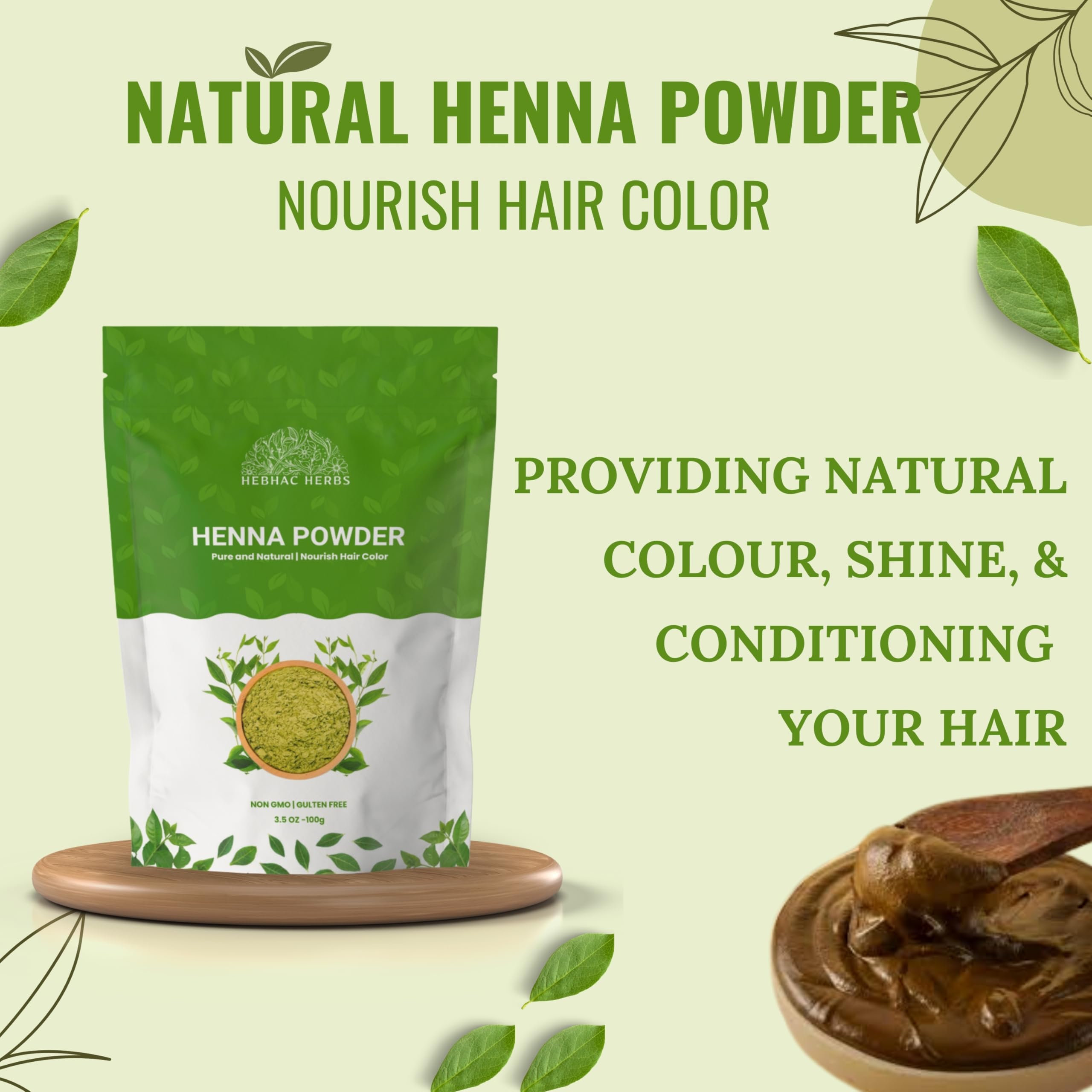 Henna Powder for Hair Growth 100g (3.5oz) | Pure Mehndi Powder | Natural black Henna Hair Colour Dye | Made in India by Hebhac H