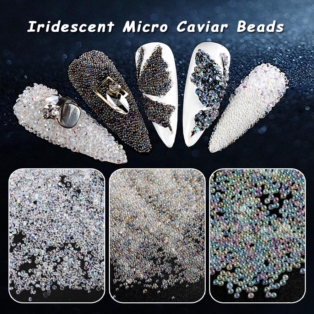 Tiny Nail Rhinestones 1.5Mm Clear Ab Mini Pixie Crystals Gems, 0.6-0.8Mm Iridescent Micro Caviar Beads Sugar Glitter Beads Dust