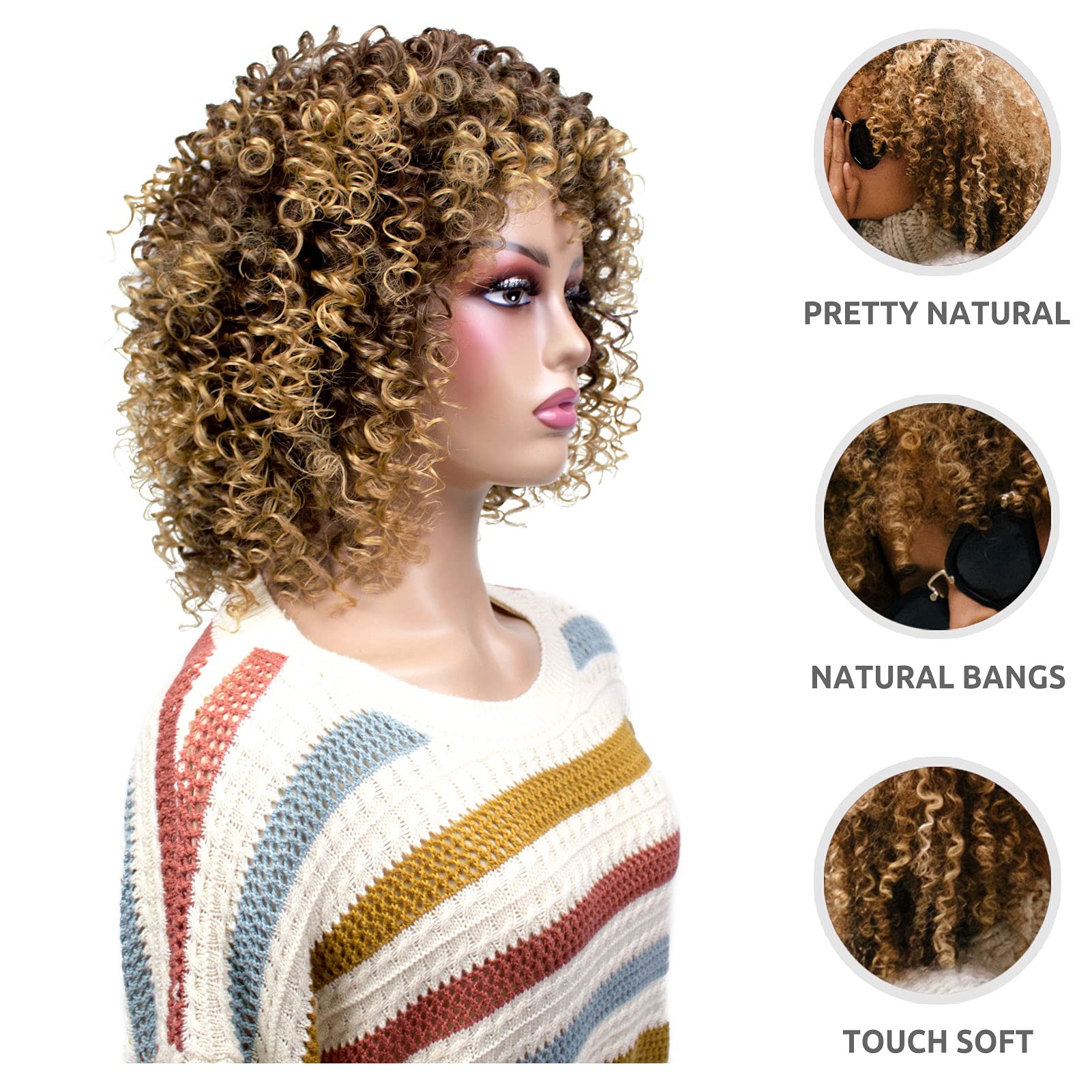 Onpep Afro Curly Wigs For Black Women Short Shoulder Length Kinky Wig With Bangs Brown Mixed Blonde Heat Resistant Wigs