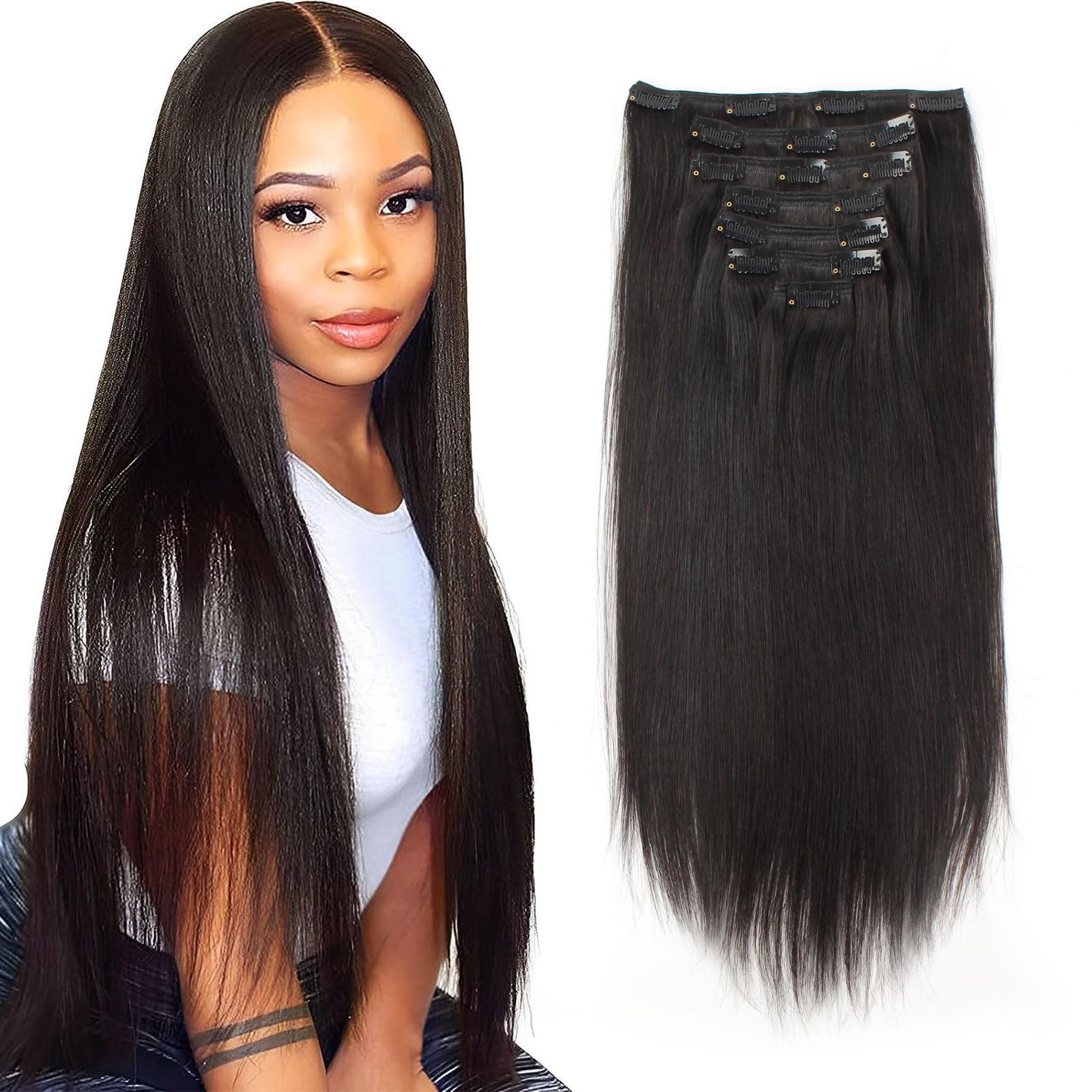ABH AmazingBeauty Hair Silky Straight Clip in Hair Extensions for Black Women Brazilian Human Hair Extensions Double Lace Weft R