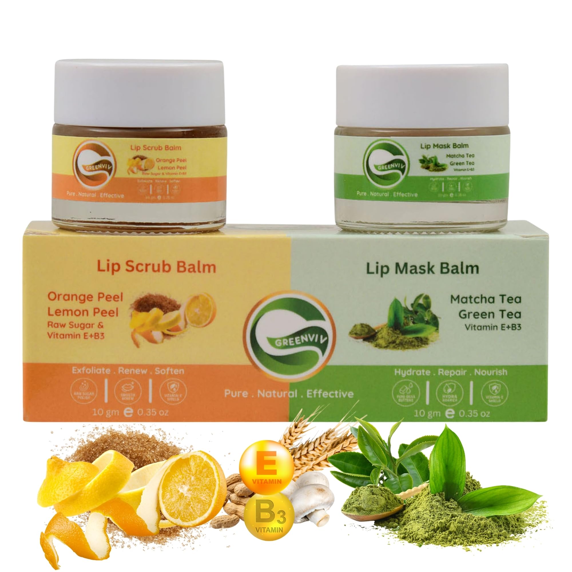 Greenviv Orange & Lemon Lip Scrub + Matcha & Green Tea Lip Mask For Dull & Dry Lips, Removes Dead Skin & Smoothens Lips | 20 G, 