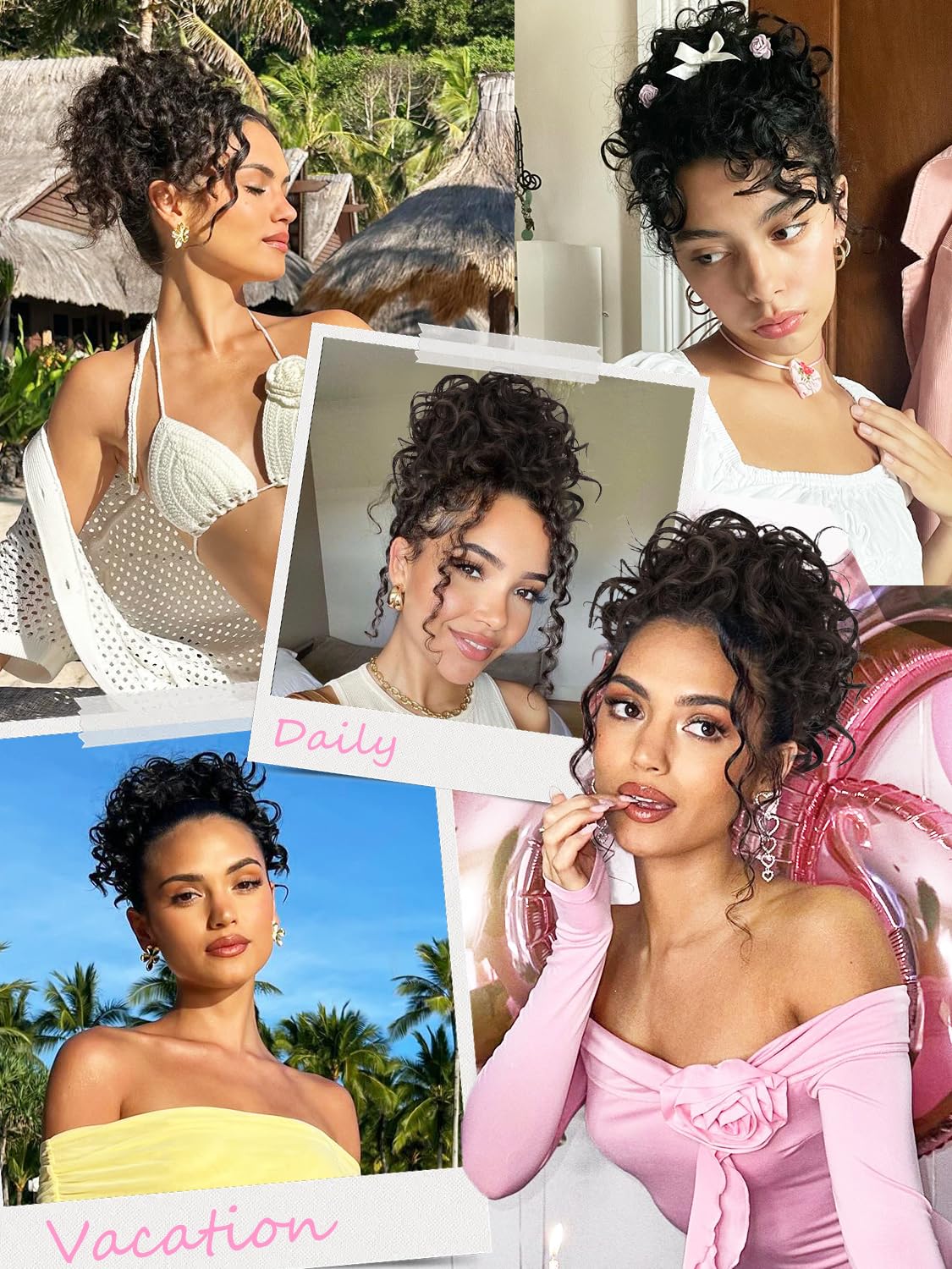 Alxnan Messy Hair Bun Hair Piece For Women Elastic Drawstring Loose Wave Curly Buns Short Middle Brown Synthetic Ponytail Extens