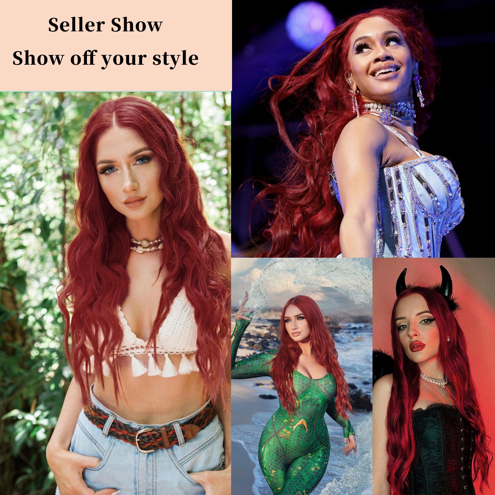 Aisi Queens Red Wig Long Wavy Red Wigs For Women 24 Inches Wavy Middle Part Hair Heat Resistant Fiber Curly Cosplay Wig For Girl