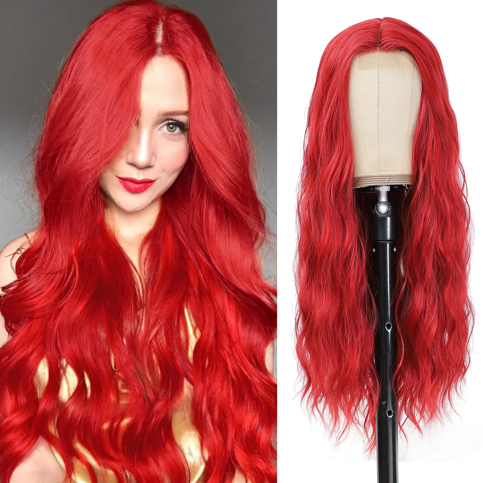 YBYMCAI Red Wig - Long Red Wavy Wigs for Women Middle Part Red Wig 26 inch Natural Curly Synthetic Wig Heat Resistant Fiber Wigs