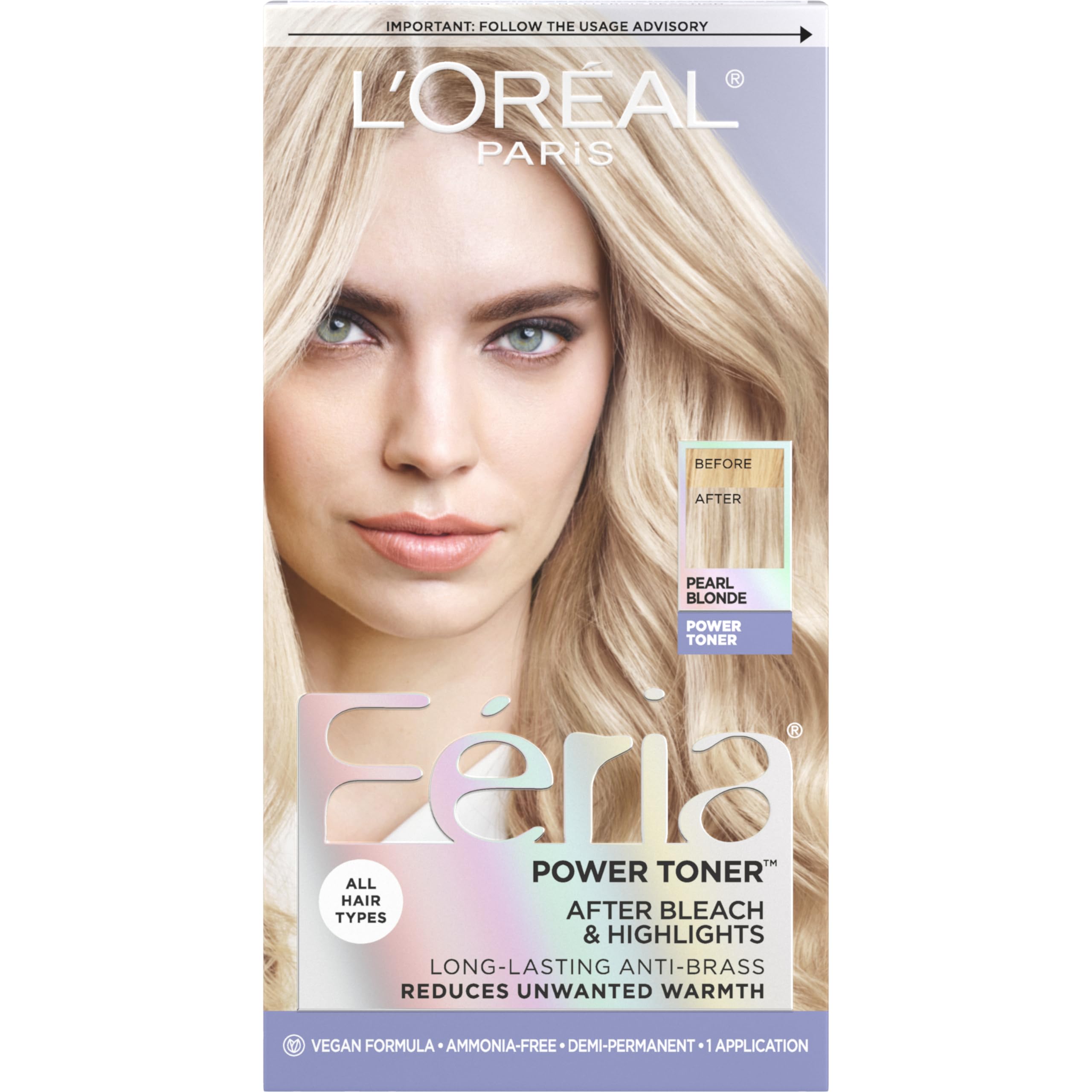 L'Oreal Paris Feria Long-Lasting Anti Brass Power Hair Toner, Ammonia Free Demi Permanent Hair Color, Pearl Blonde Hair Toner, 1