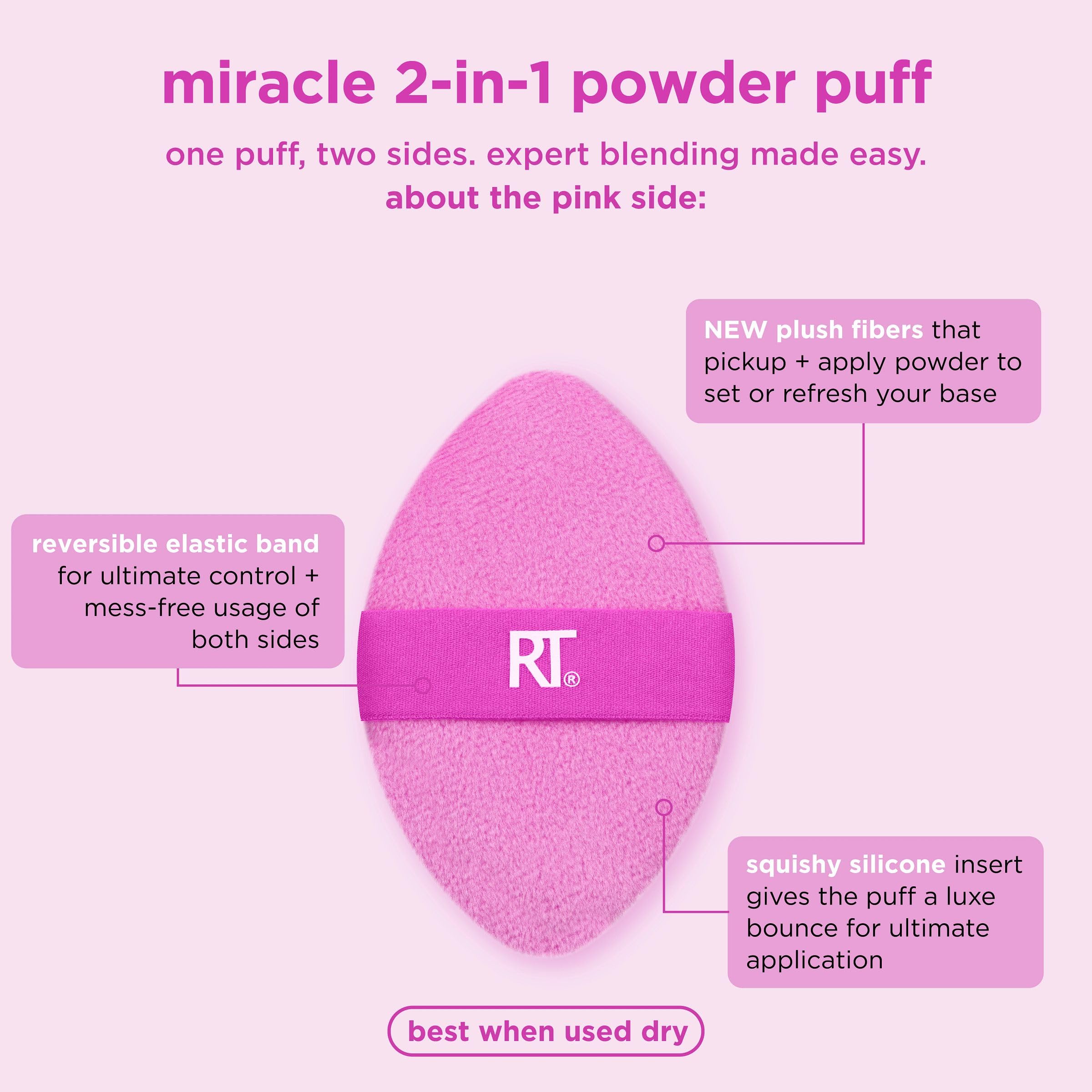 Real Techniques Miracle 2-In-1 Powder Puff, Dual-Sided, Full-Size Makeup Blending Puff, Reversible Elastic Band, Precision Tip M