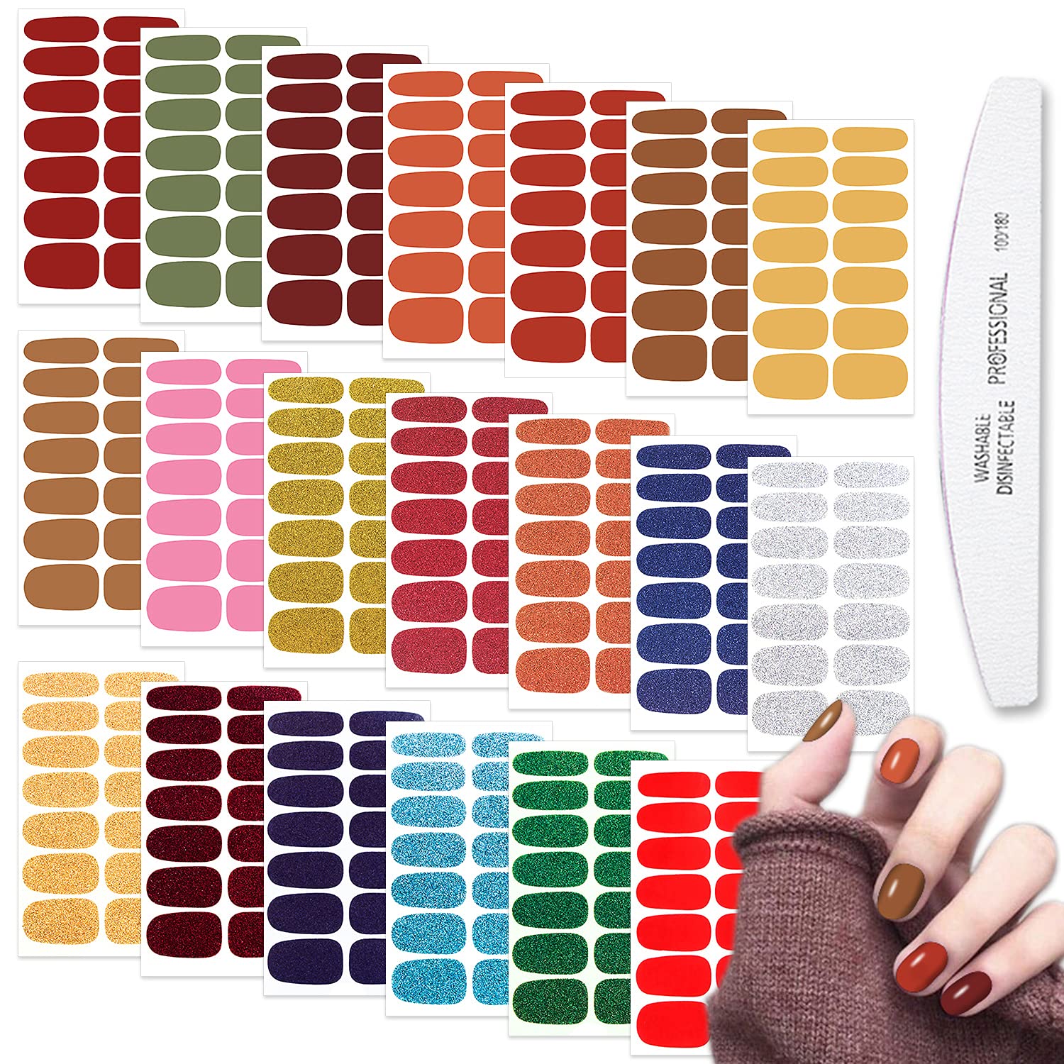 WOKOTO 20 Sheets Nail Polish Strips with Nail File Set Glitter Solid and Simple Solid Nail Polish Wraps Nail Stickers Full Nail 