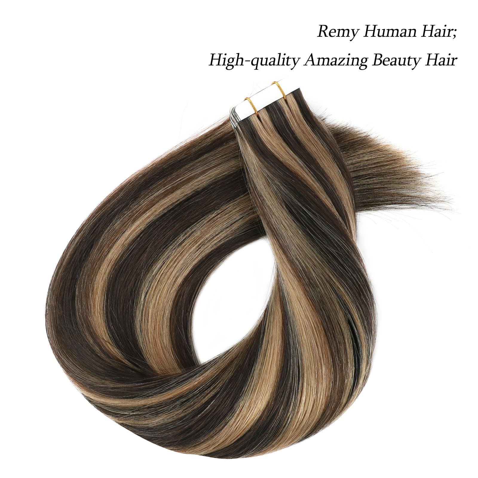 Abh Amazingbeauty Hair Tape In Hair Extensions Human Hair 18 Inch Chocolate Brown Highlighted Caramel Blonde Tape In Extensions