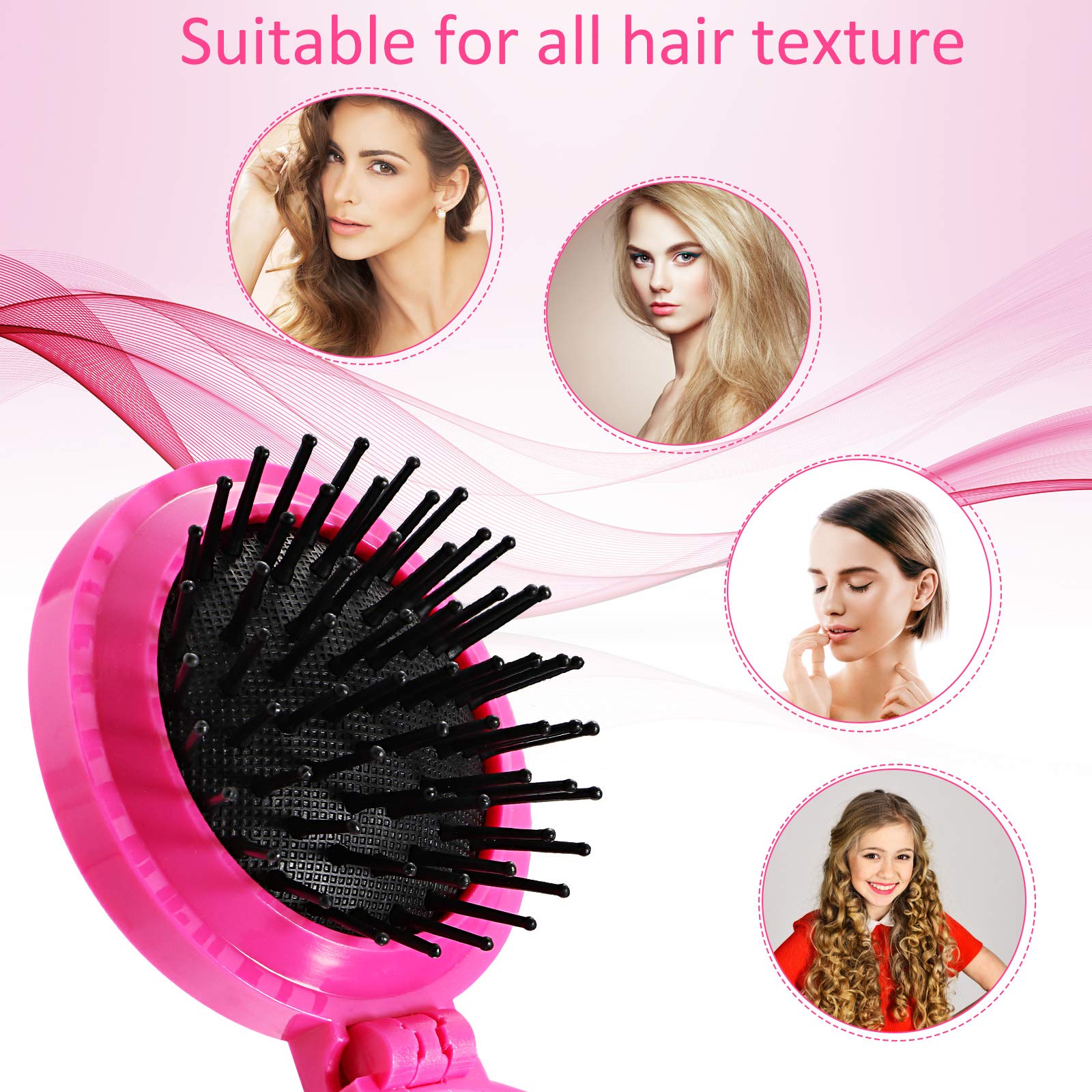 2 Pieces Round Folding Travel Size Hair Brushes, Mini Massage Comb, And Compact Travel Mirror For Women And Girls (Black, Rose R