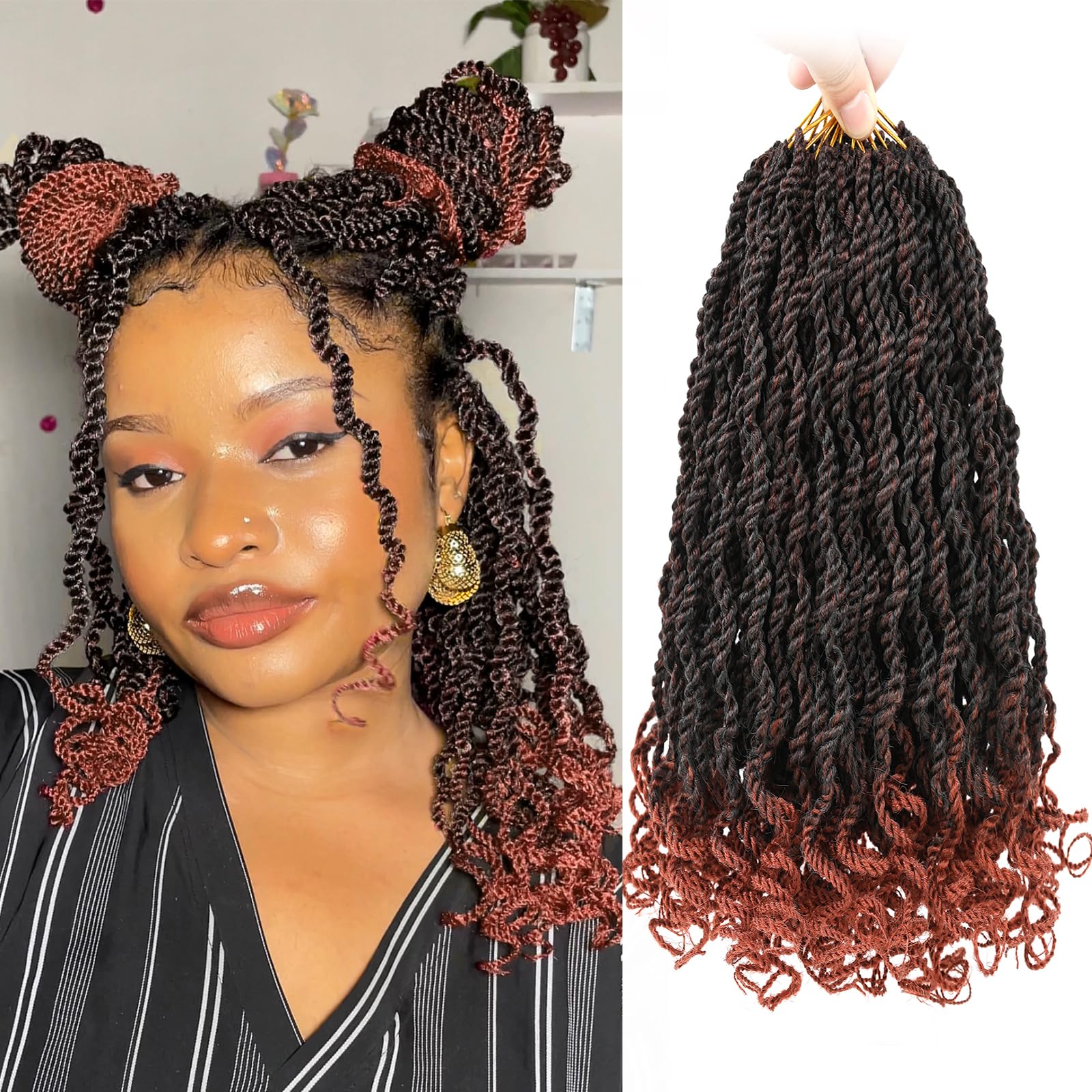 Leeven 12 Inch Senegalese Twist Crochet Hair With Curly Ends 8 Packs Ombre Copper Red Pre Looped Short Wavy Crochet Braids For K