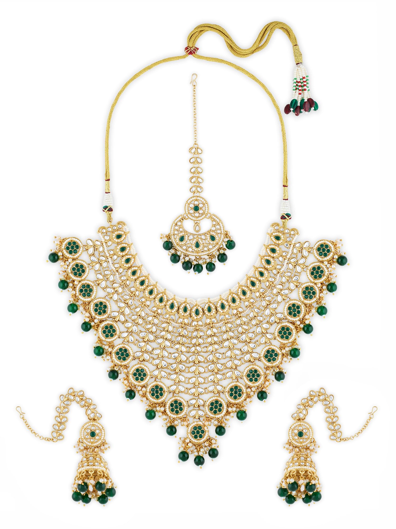 Zaveri Pearls Green Stones Cascading Kundan Bridal Necklace Earring & Maangtikka Set For WomenZpfk21310