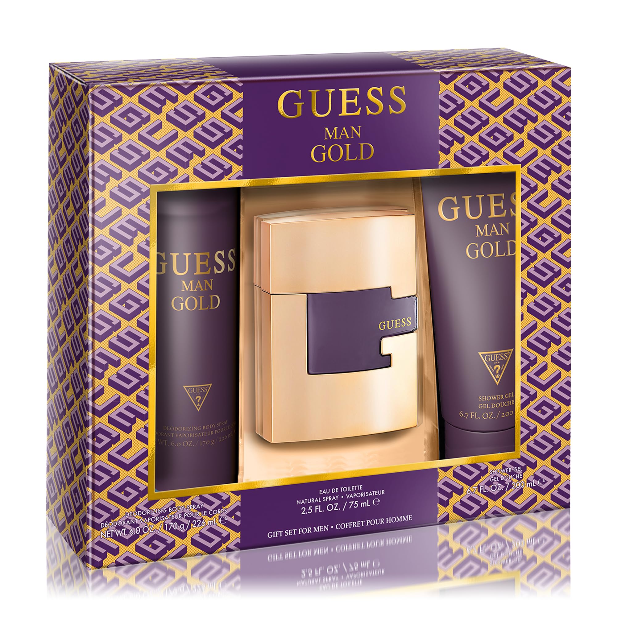 Guess Gold Man Eau De Toilette 3 Piece Gift Set - Cologne Spray 2.5 Fl. Oz., Deodorizing Body Spray 6.0 Oz., & Shower Gel 6.7 Fl