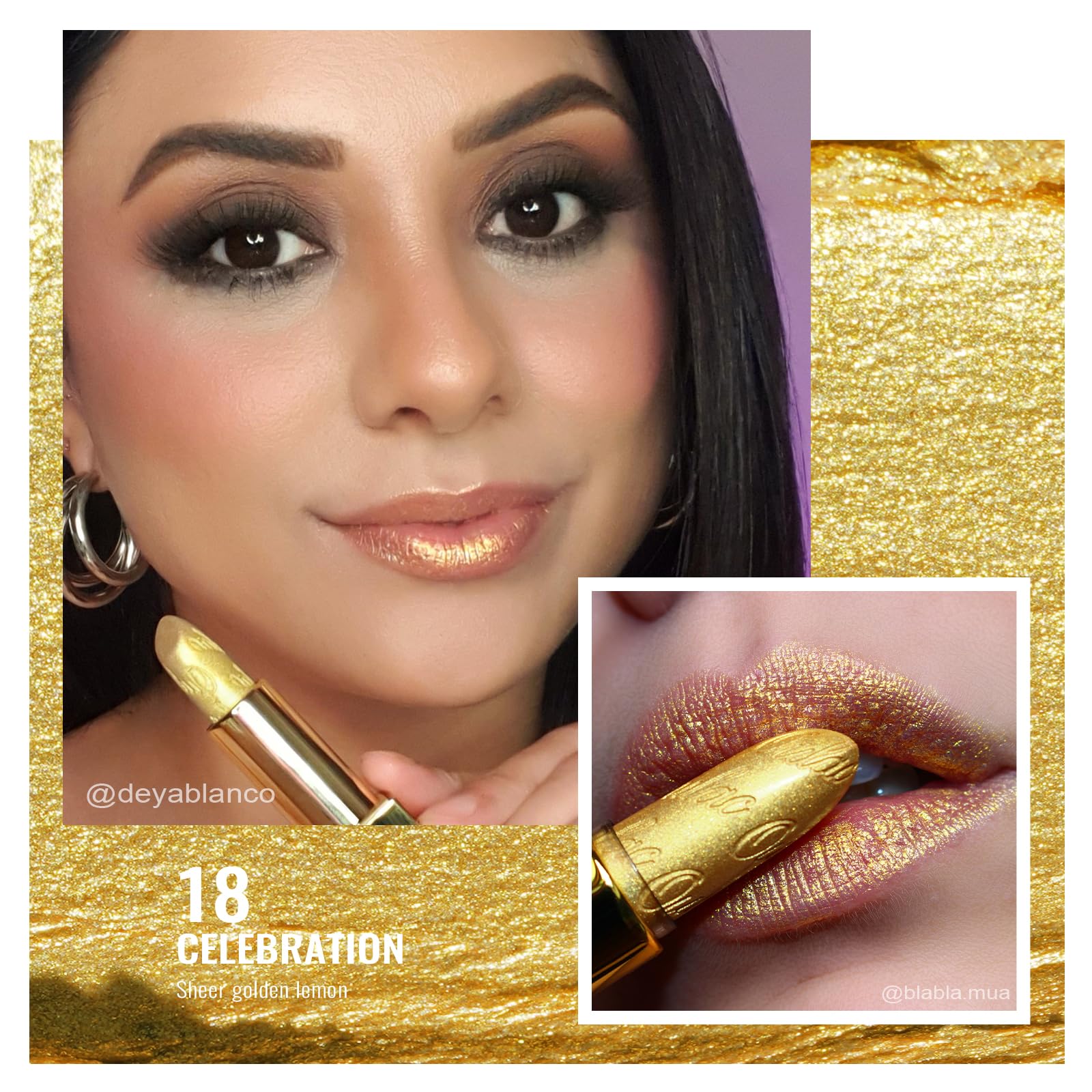 Oulac Glitter Gold Lipstick, Celebration(18) - Metallic 3D Shine, Lightweight Hydrating, Vegan, Full Coverage, 0.15 oz, Perfect Christmas Gift