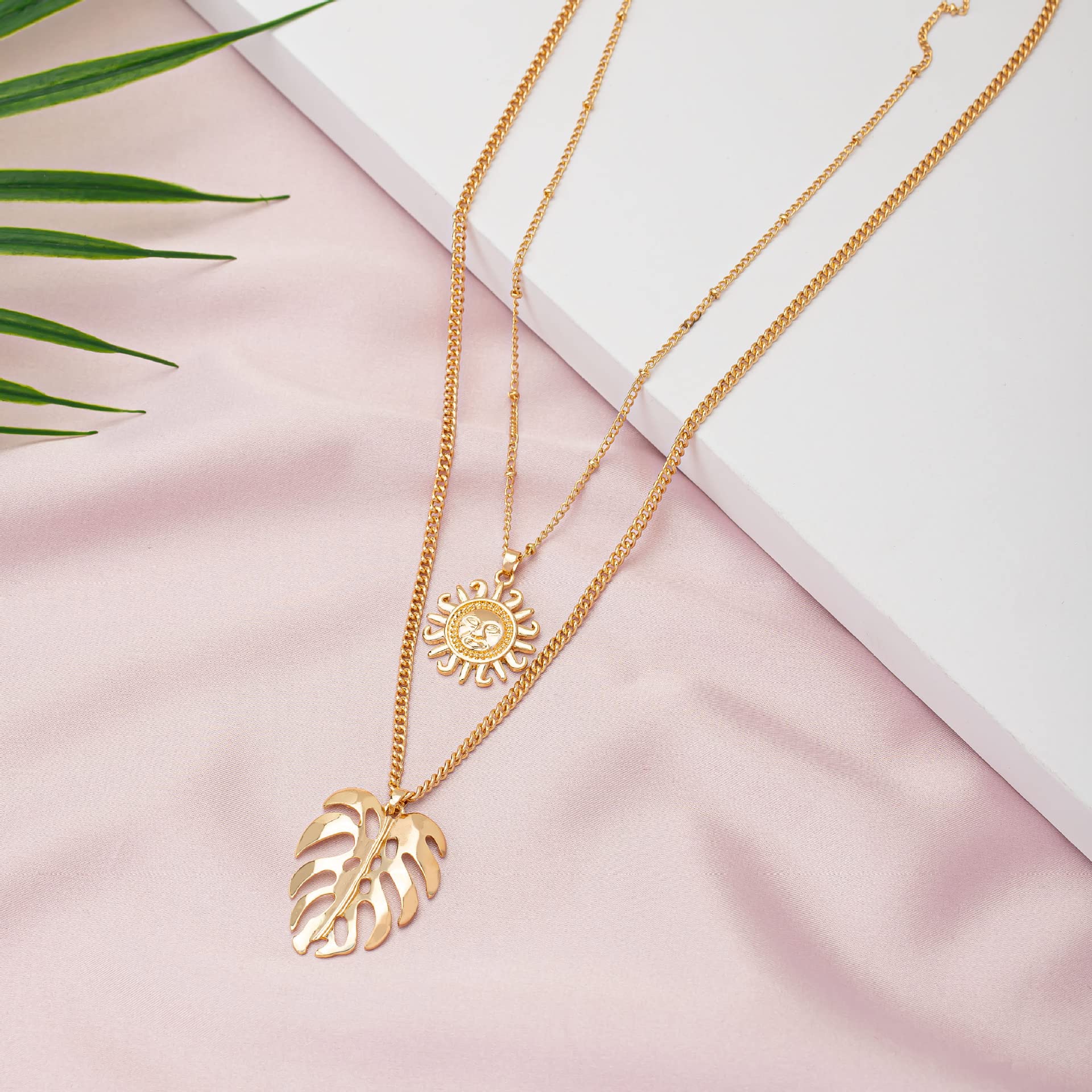 COLORFUL BLING Double Chains Moon and Sun Layered Choker Necklace Sunflower Opal Pendant Necklace Gift for Women-H leaf