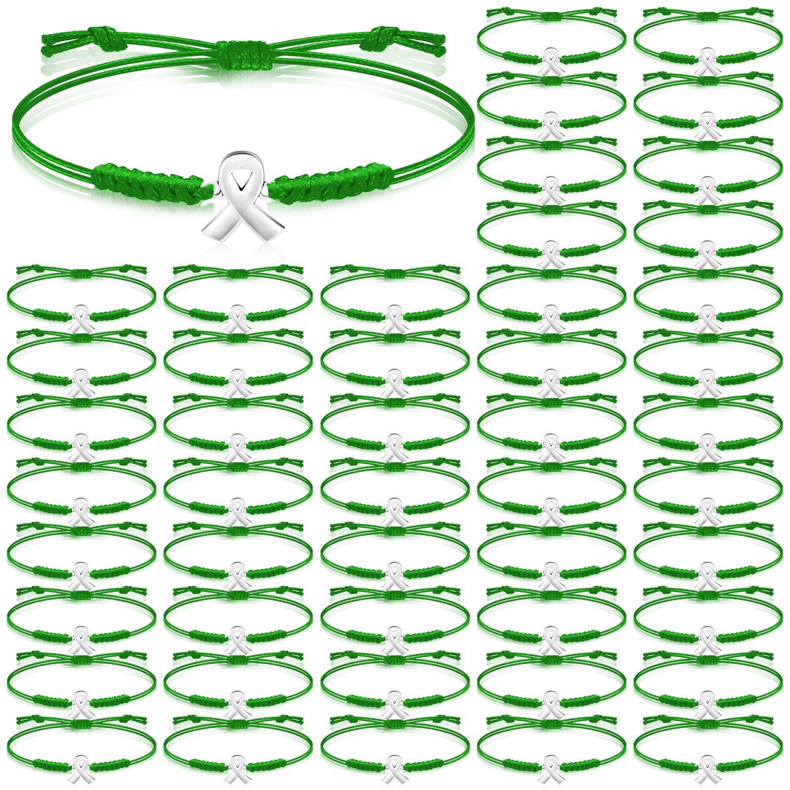 Sasylvia 20/50/100 Pcs Mental Health Awareness Month Bracelets Gifts Adjustable Green Ribbon Bracelets for Men Women (100 Pcs)