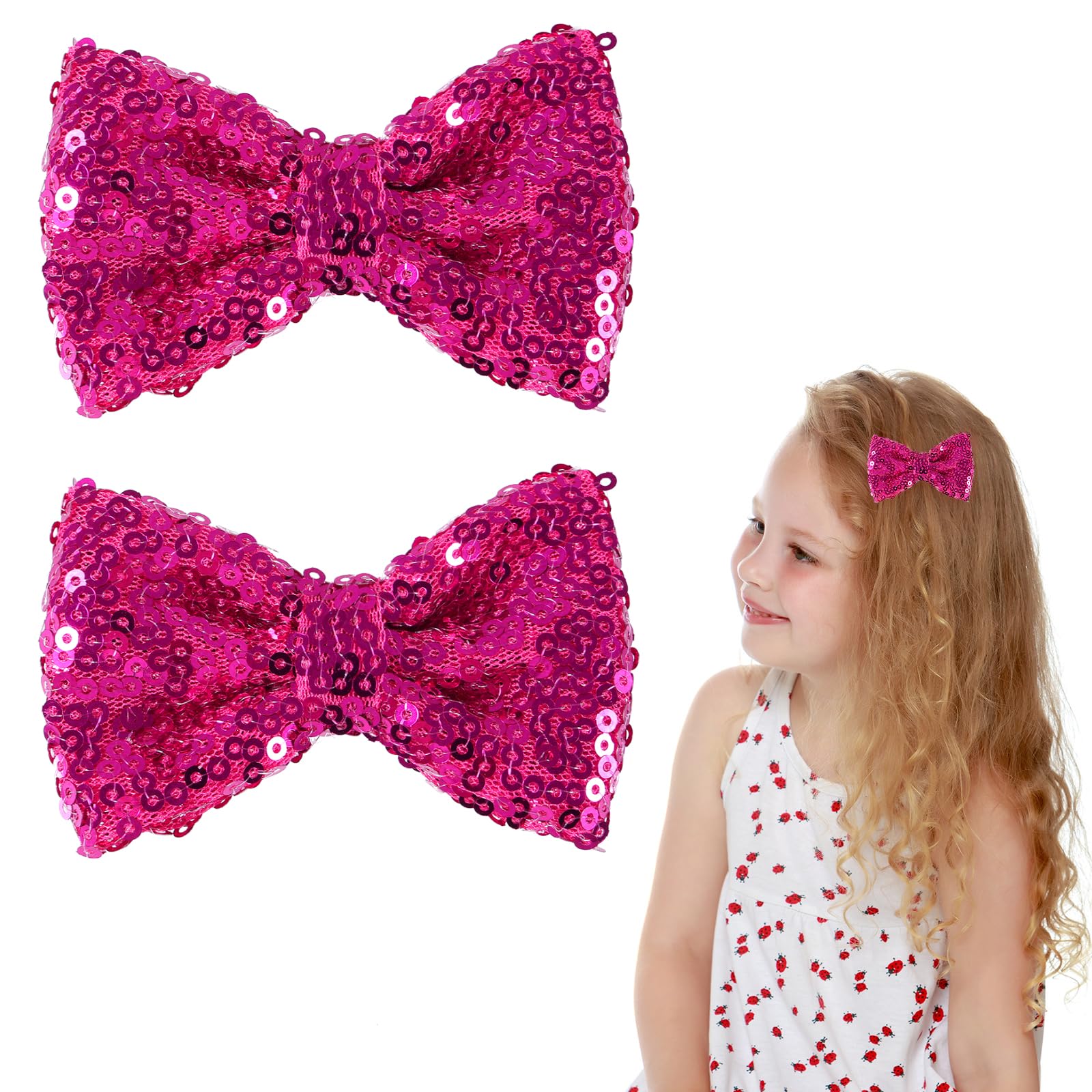 3'' Hot Pink Sparkly Glitter Sequin Hair Bows Clips for Toddler Girls Valentines Christmas Birthday Gift Party Dress Outfit Deco