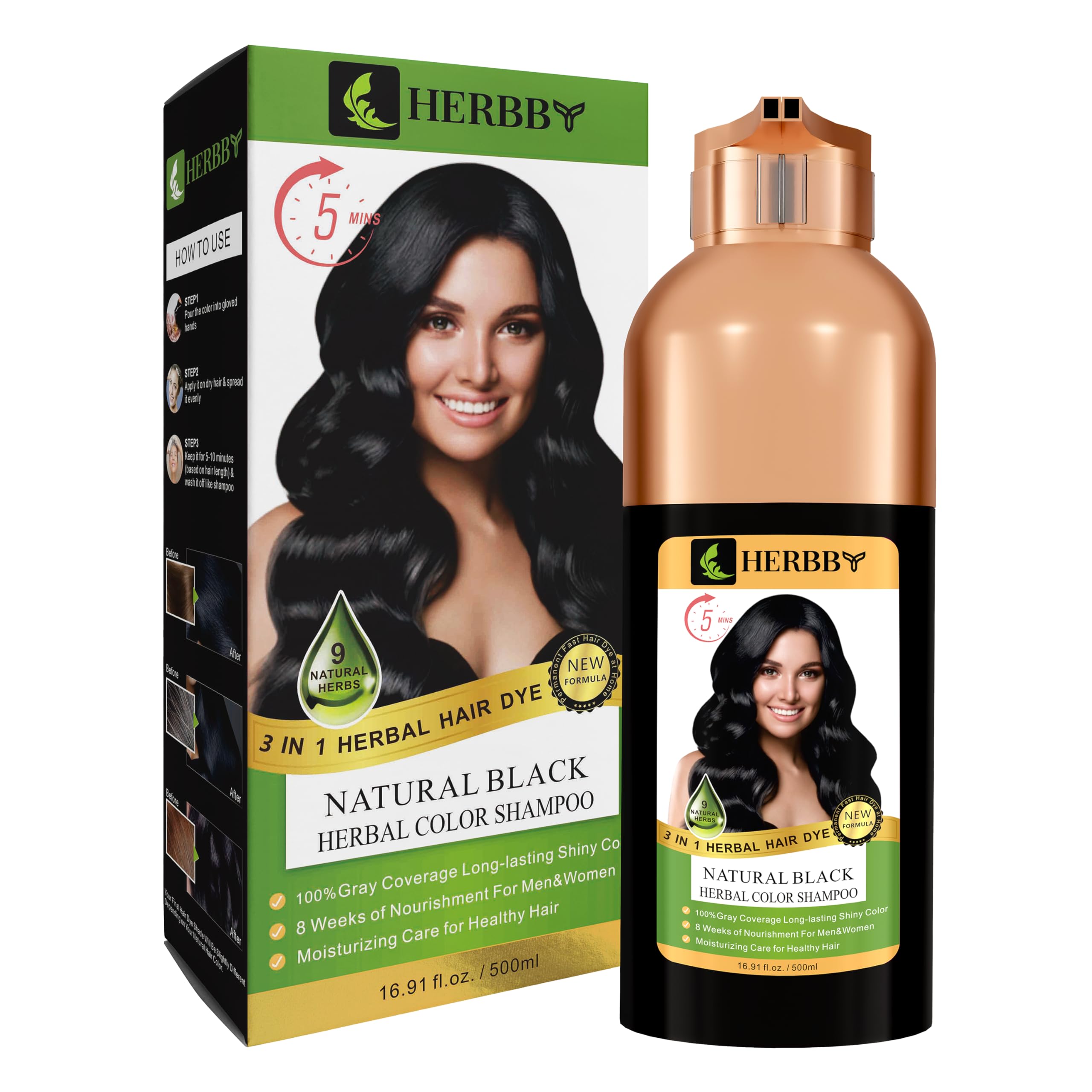 HERBBY Hair Color Shampoo for Gray Hair Coverage&Color Transform with 9 Herbal Extracts -Long Lasting(6-8 Weeks),Shiny,Evenly Co