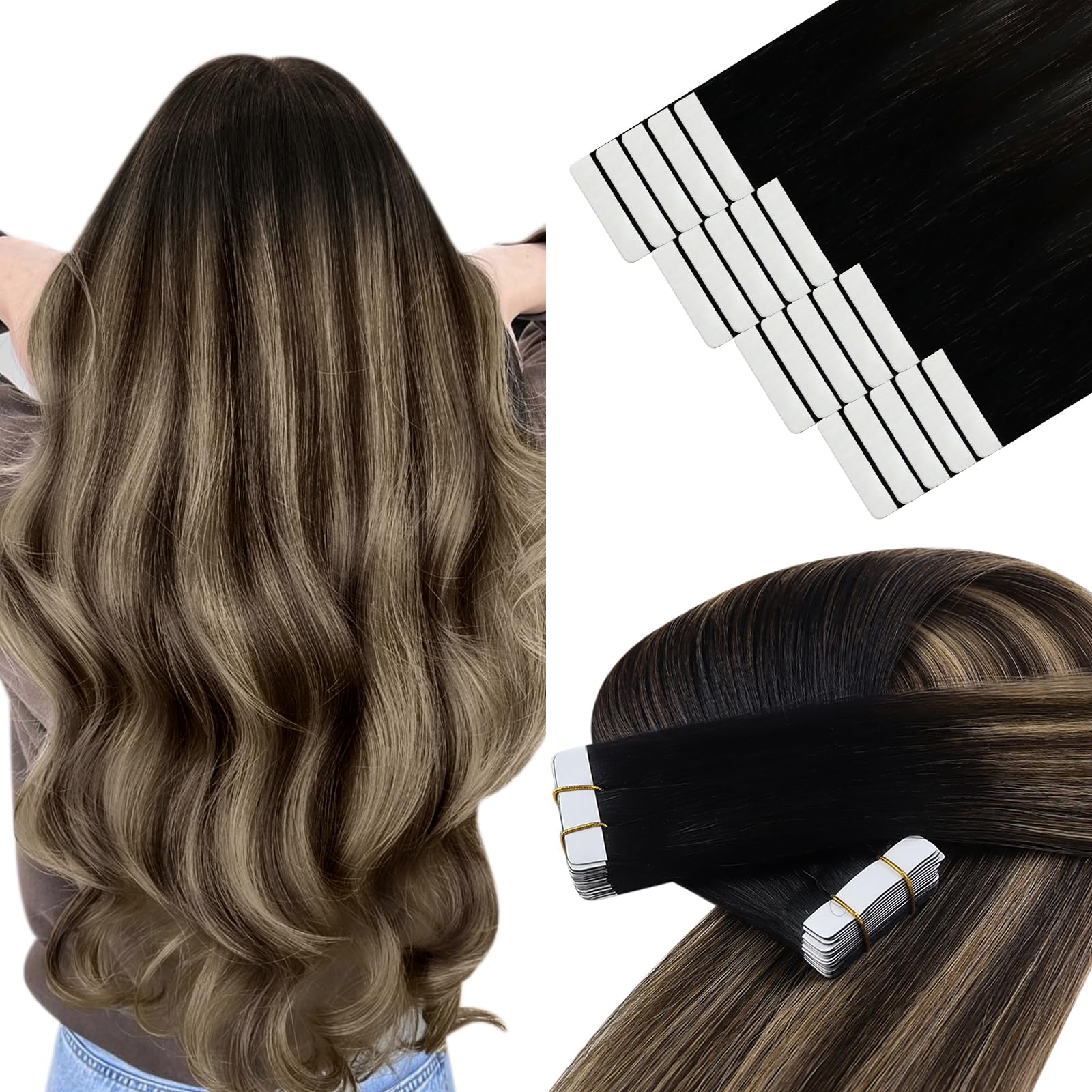 YoungSee Human Hair Tape in Extensions Balayage 14Inch 50g Tape Hair Extensions Real Human Hair Black Ombre Brown Invisible Tape