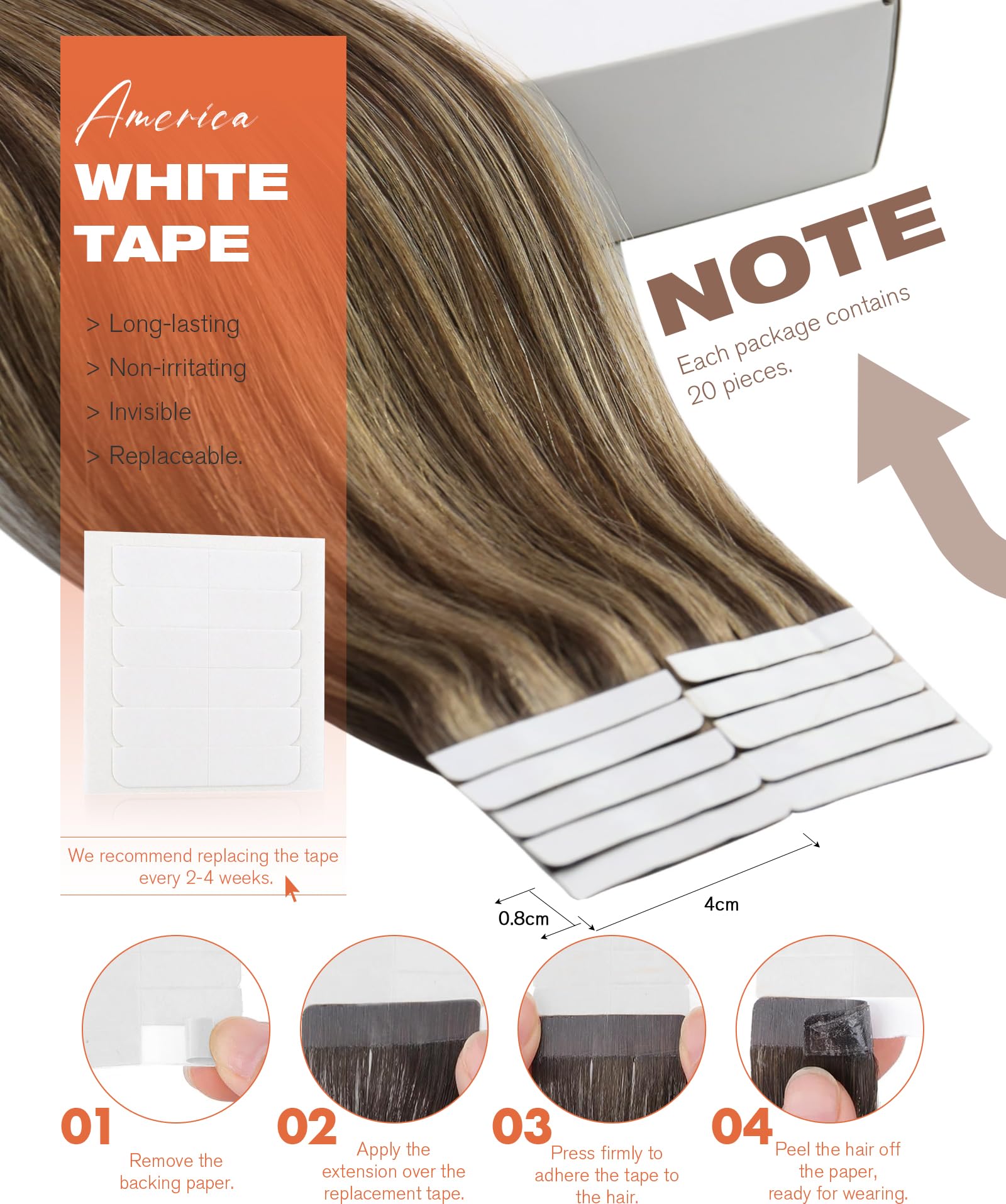Sunny Hair Tape in Hair Extensions Real Human Hair Invisible Remy Hair Extensions Tape ins for Women Dark Brown Highlight Carame