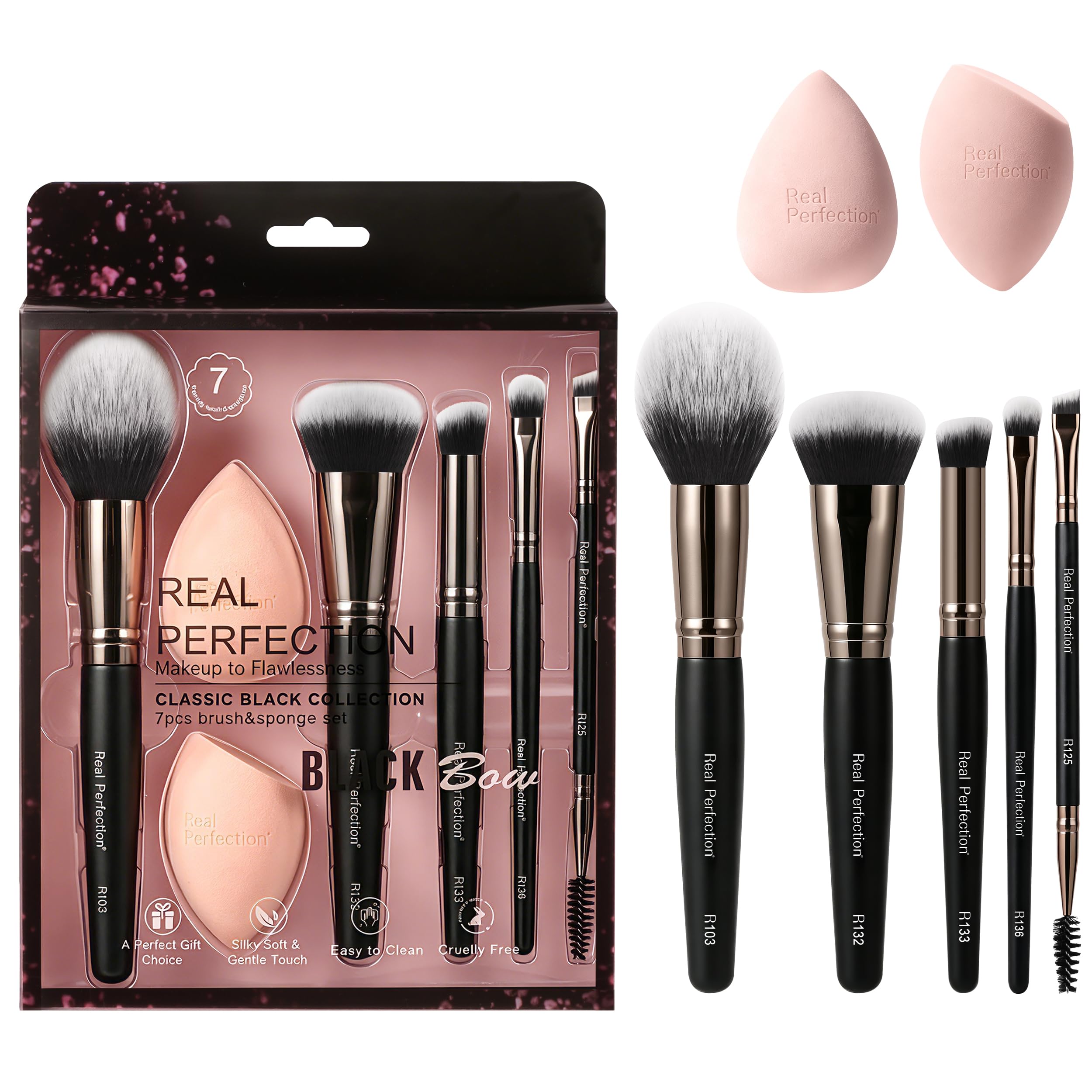 Real Perfection 7 PCS Makeup Brush Set, 5 Makeup Brushes 2 Makeup Sponges For Foundation Blush Bronzer Contour Eyeshadow Powder,