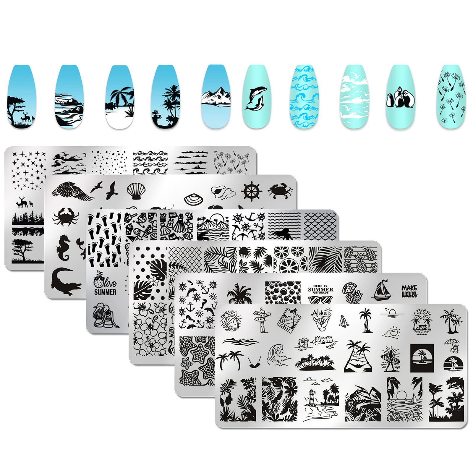 XEAOHESY 6pcs Seaside Scenery Nail Stamping Plate Nail Stamping Kit for Nails Summer Beach Coconut Trees Sunset Waves Sea Animal