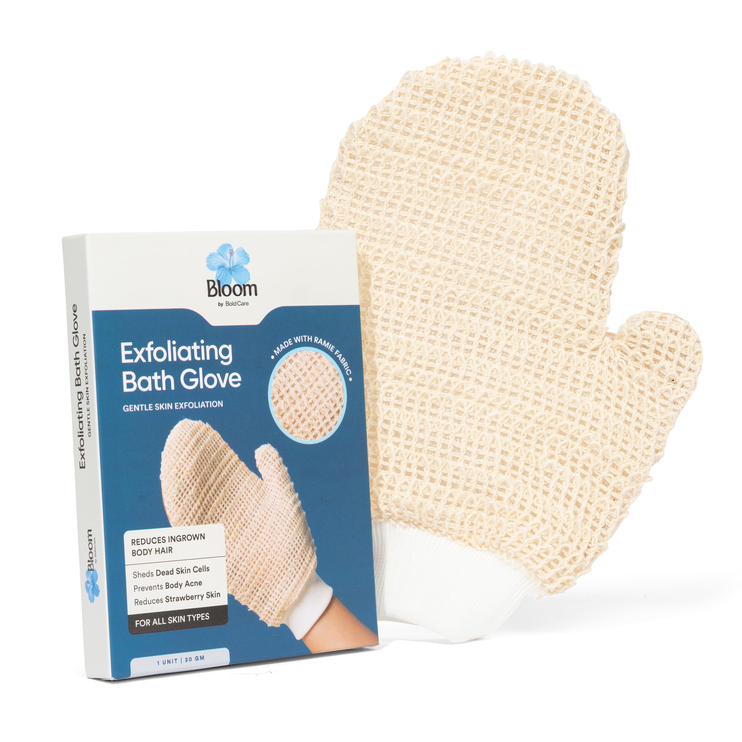 Bloom Exfoliating Bath Glove | (1 Glove) | Exfoliating Gloves To Reduce Ingrown Hair & Strawberry Legs | 100% Ramie Fabric | Gen