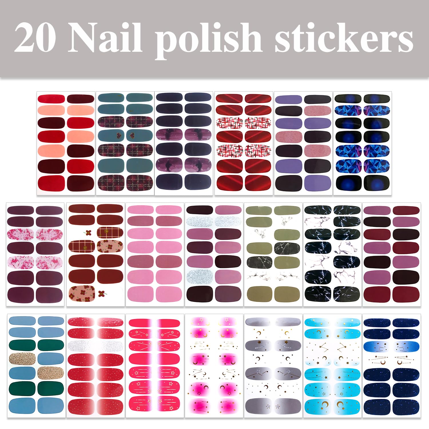 WOKOTO 20 Sheets Moon Stars Nail Polish Strips Gradient Nail Stickers Full Nail Wraps for Women Nail Polish Stickers Gel Nail St